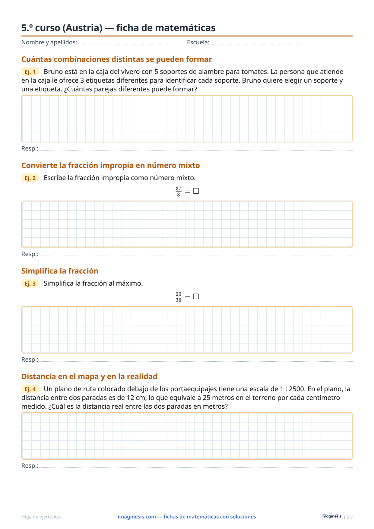 5.º curso (Austria) — ficha de matemáticas — Ficha del alumno: ficha de matemáticas para imprimir (5.º curso, Austria)