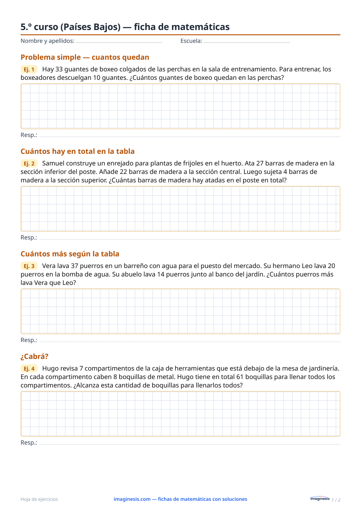 5.º curso (Países Bajos) — ficha de matemáticas — Ficha del alumno: ficha de matemáticas para imprimir (5.º curso, Países Bajos)