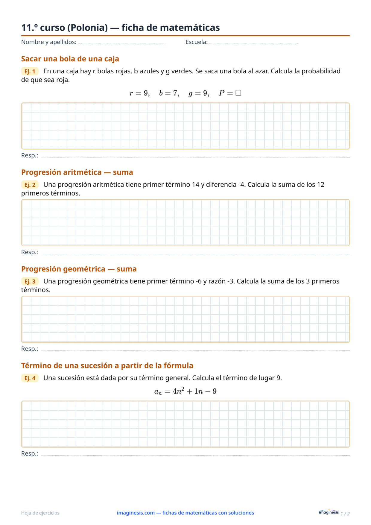 3.º curso de liceo (Polonia) — ficha de matemáticas — Ficha del alumno: ficha de matemáticas para imprimir (3.º curso de liceo, Polonia)