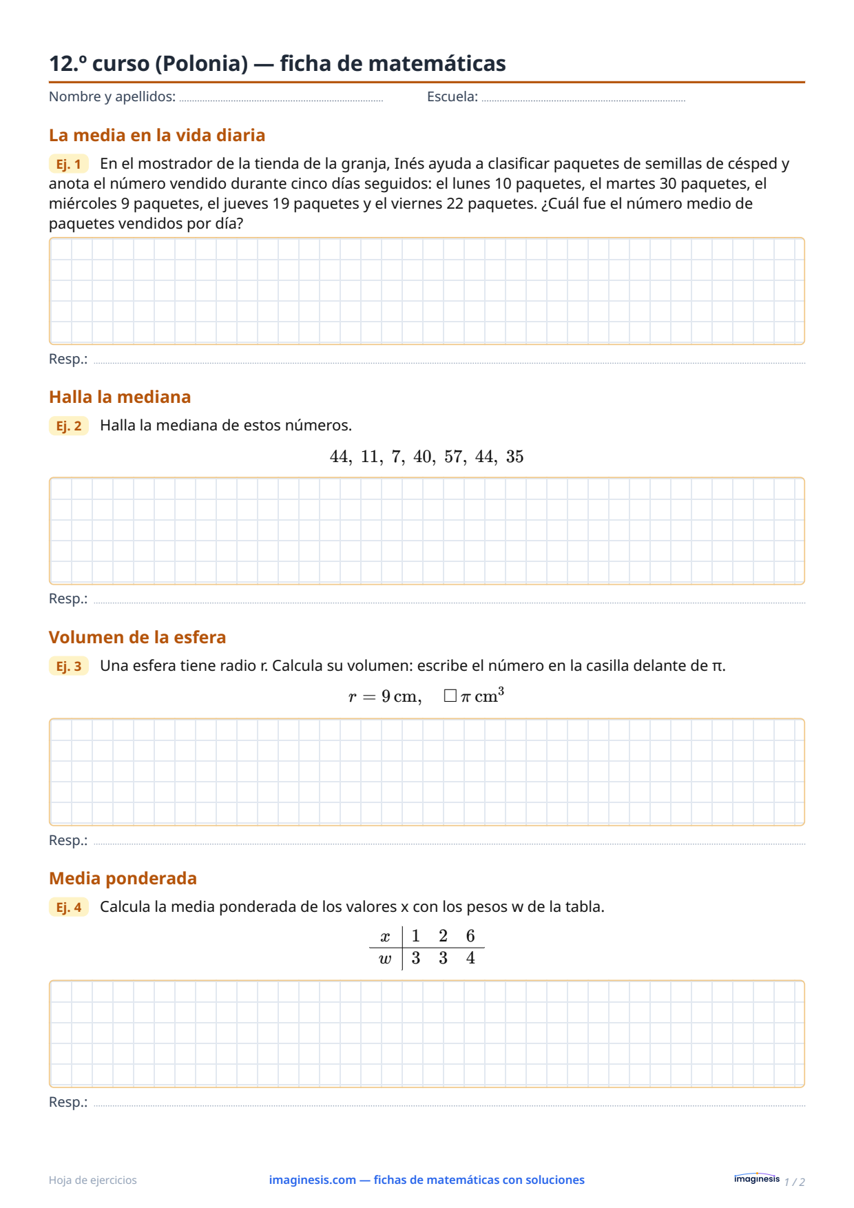 4.º curso de liceo (Polonia) — ficha de matemáticas — Ficha del alumno: ficha de matemáticas para imprimir (4.º curso de liceo, Polonia)