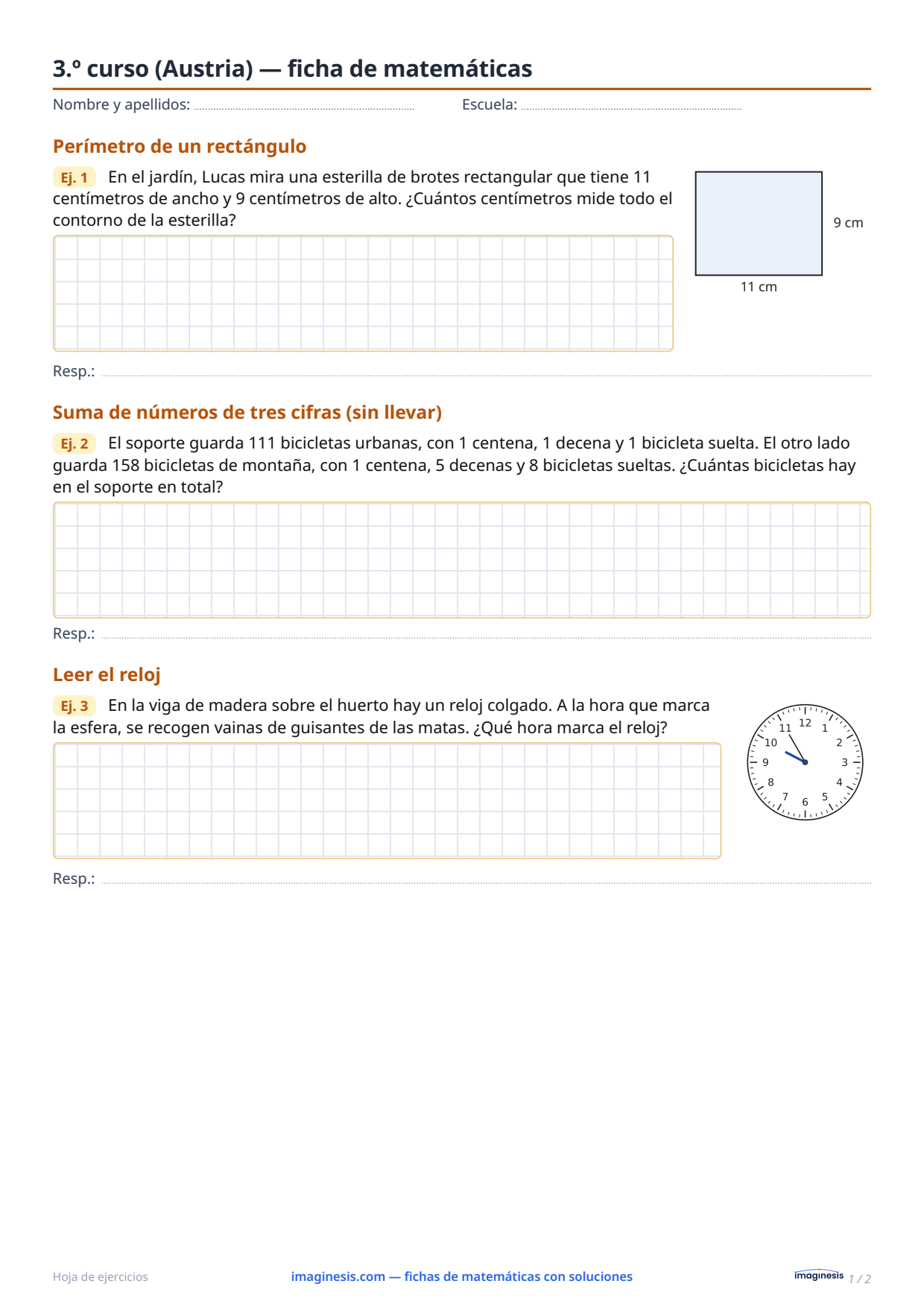 3.º curso (Austria) — ficha de matemáticas — Ficha del alumno: ficha de matemáticas para imprimir (3.º curso, Austria)