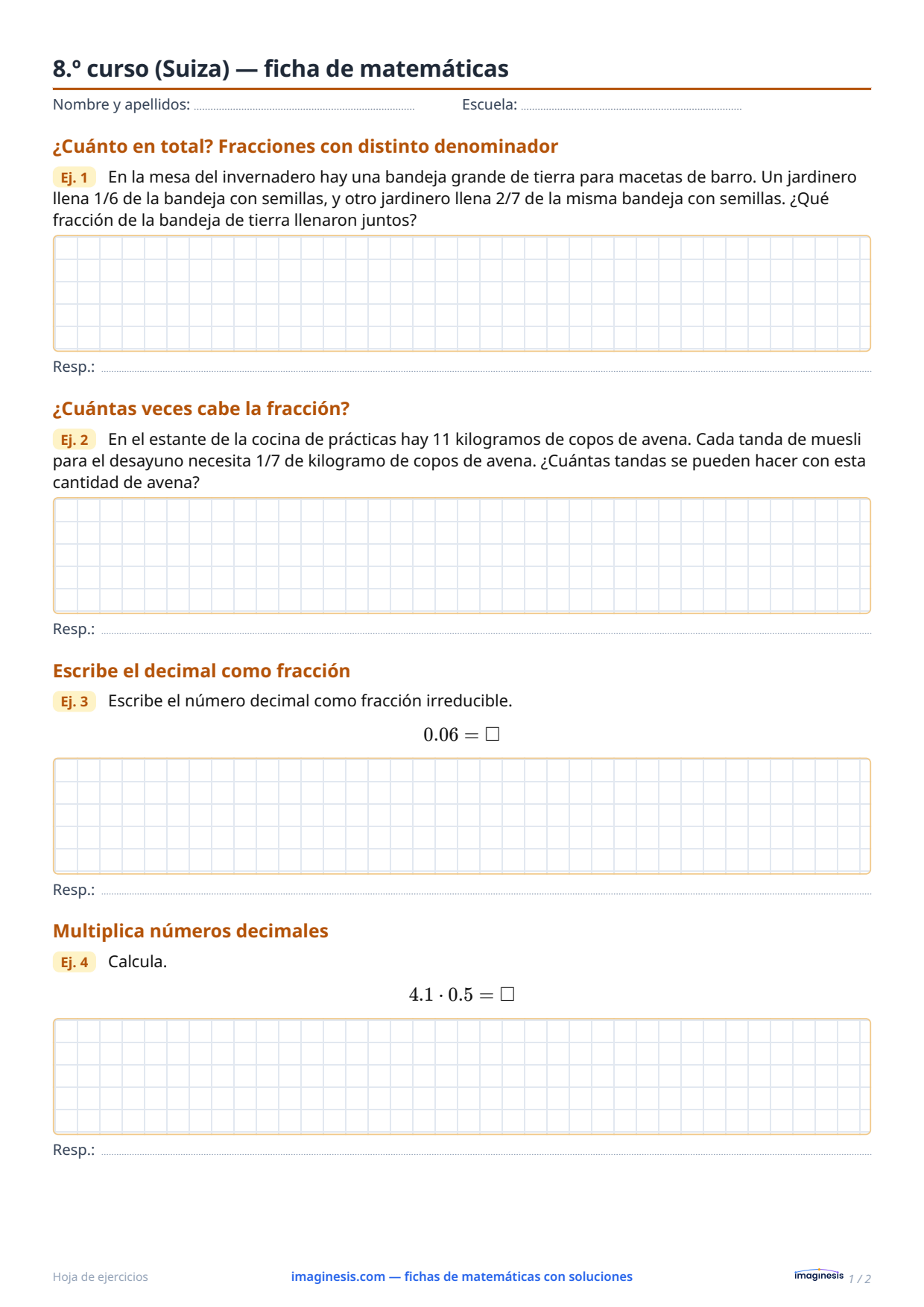 8.º curso (Suiza) — ficha de matemáticas — Ficha del alumno: ficha de matemáticas para imprimir (8.º curso, Suiza)