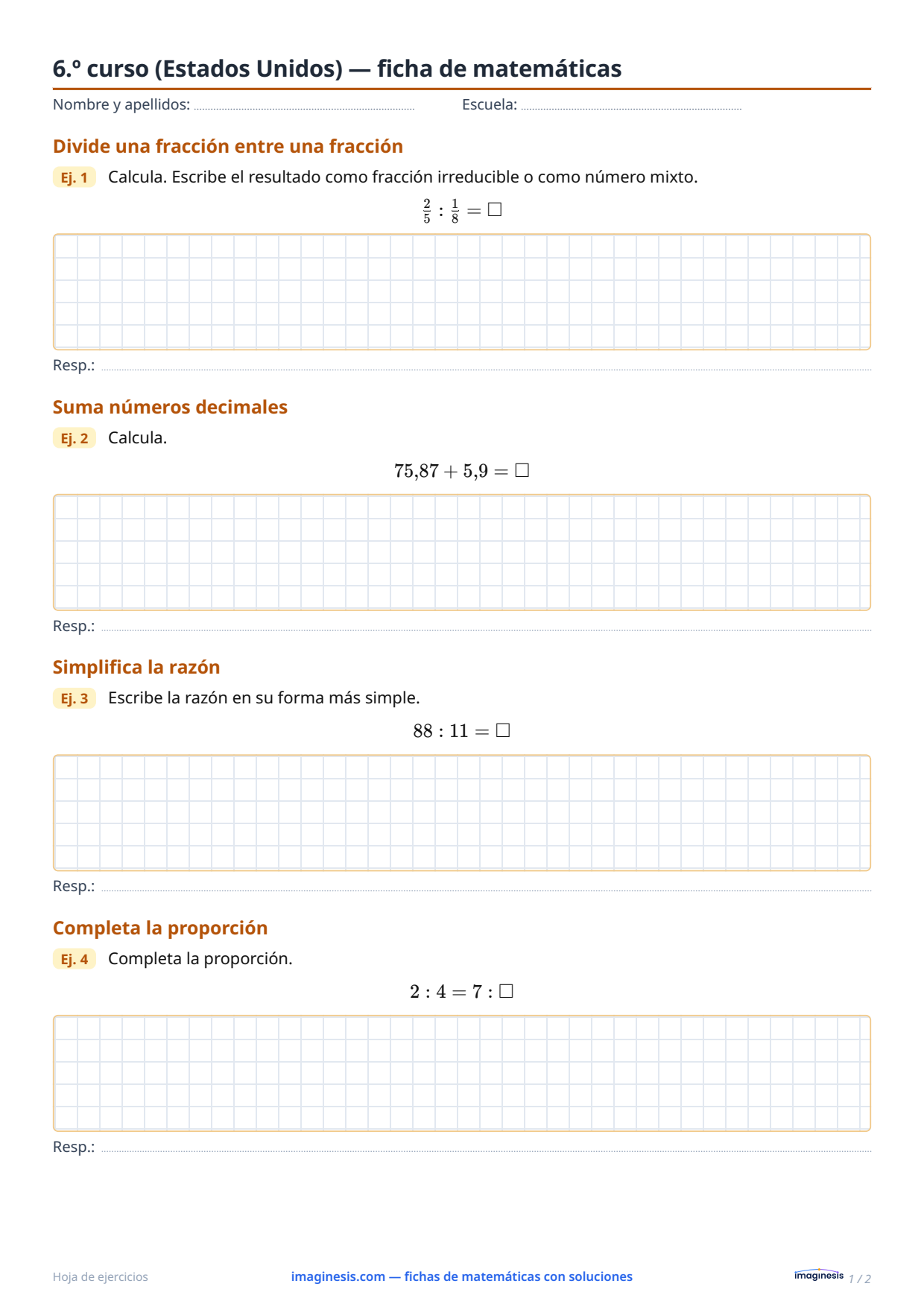 6.º curso (Estados Unidos) — ficha de matemáticas — Ficha del alumno: ficha de matemáticas para imprimir (6.º curso, Estados Unidos)
