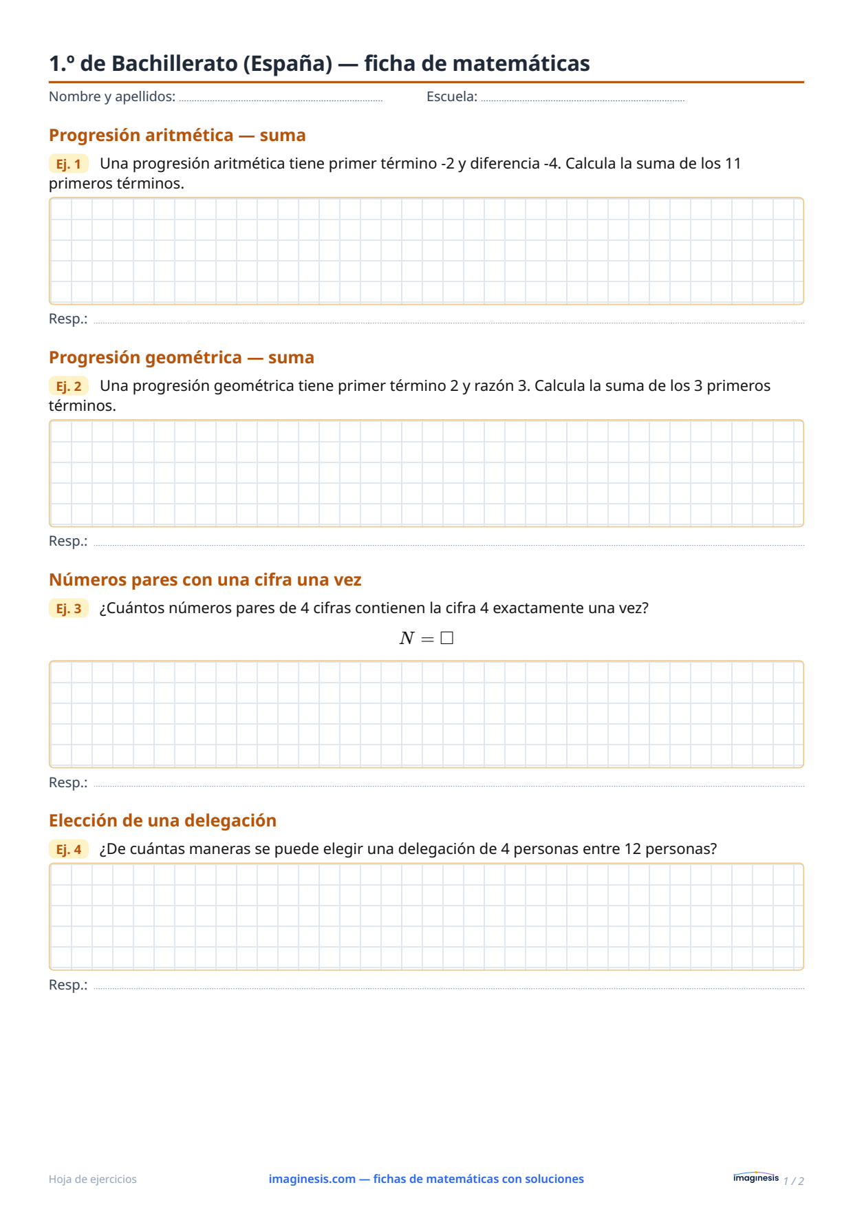1.º de Bachillerato (España) — ficha de matemáticas — Ficha del alumno: ficha de matemáticas para imprimir (1.º de Bachillerato, España)