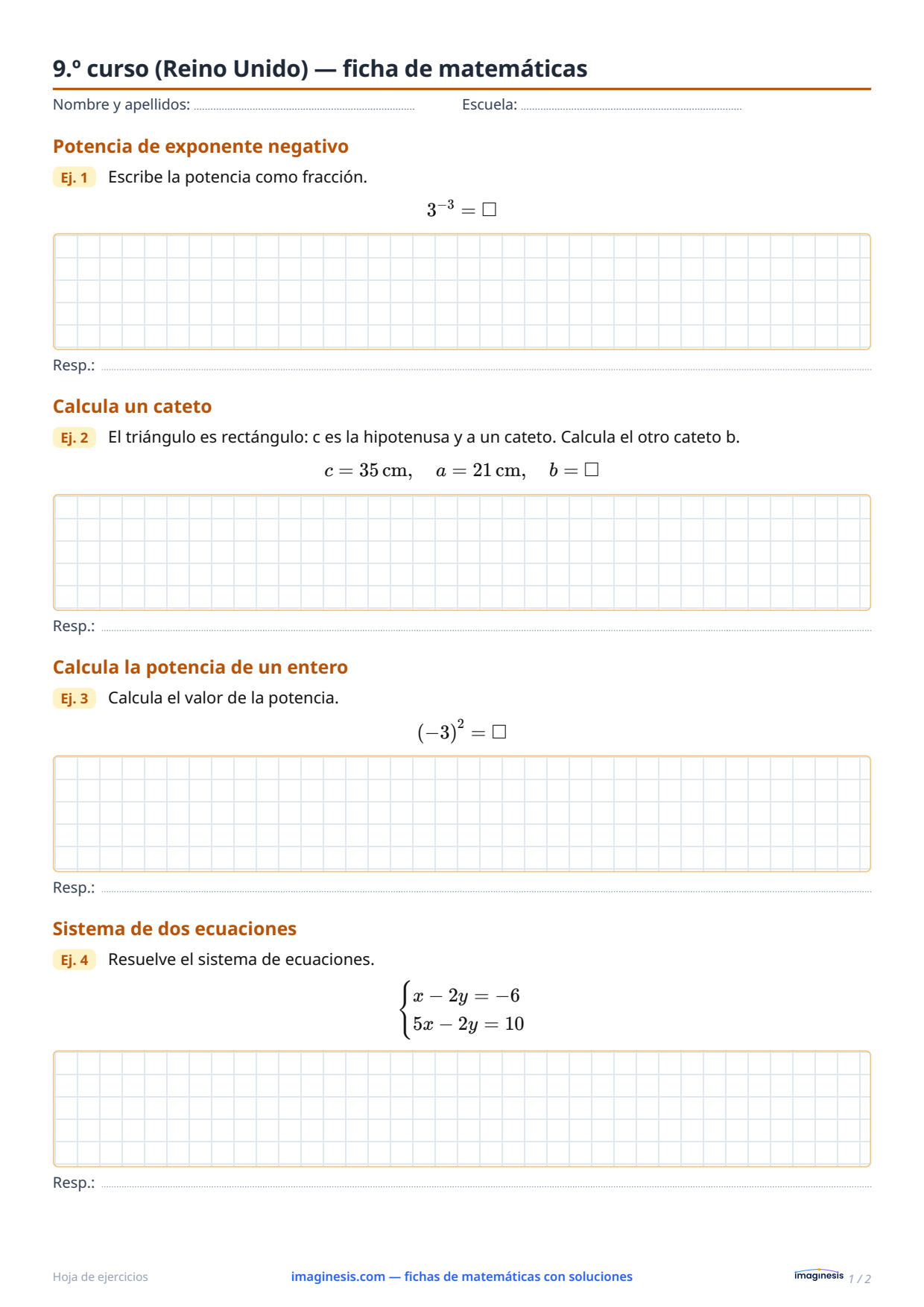 9.º curso (Reino Unido) — ficha de matemáticas — Ficha del alumno: ficha de matemáticas para imprimir (9.º curso, Reino Unido)
