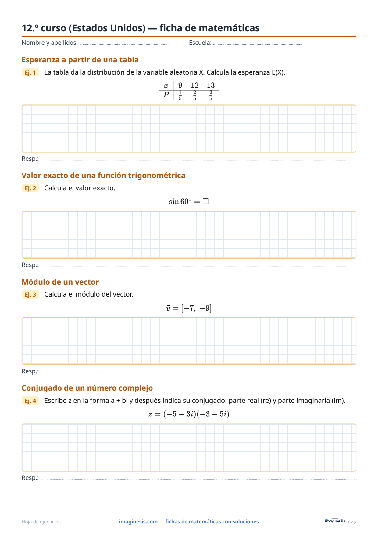 12.º curso (Estados Unidos) — ficha de matemáticas — Ficha del alumno: ficha de matemáticas para imprimir (12.º curso, Estados Unidos)