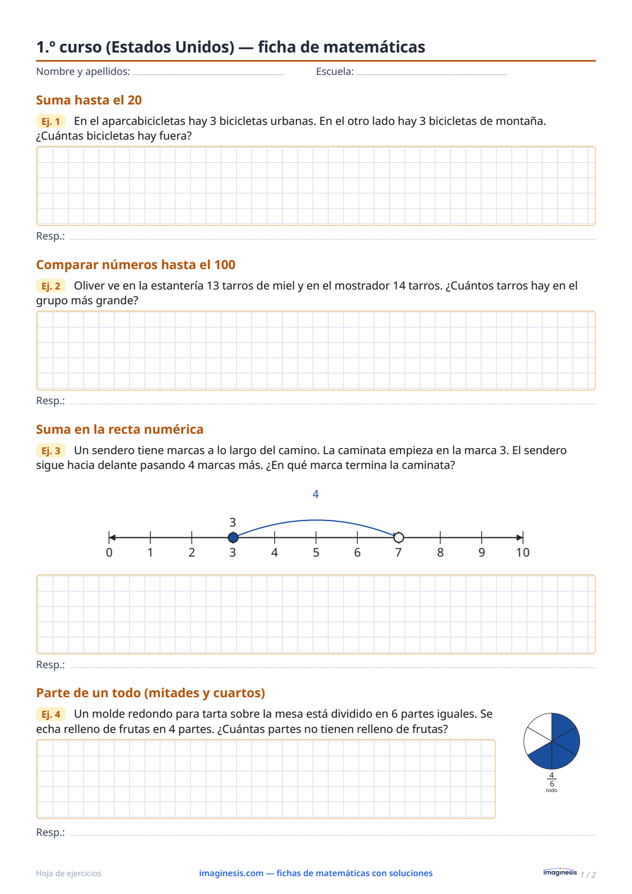 1.º curso (Estados Unidos) — ficha de matemáticas — Ficha del alumno: ficha de matemáticas para imprimir (1.º curso, Estados Unidos)