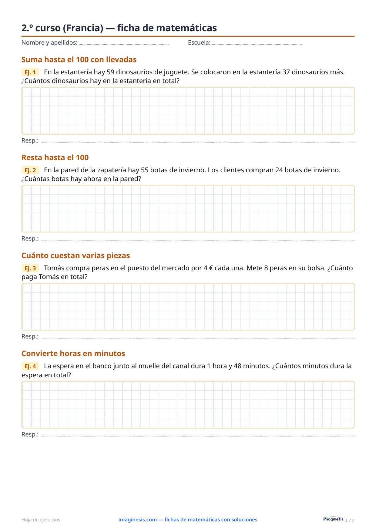 2.º curso (Francia) — ficha de matemáticas — Ficha del alumno: ficha de matemáticas para imprimir (2.º curso, Francia)