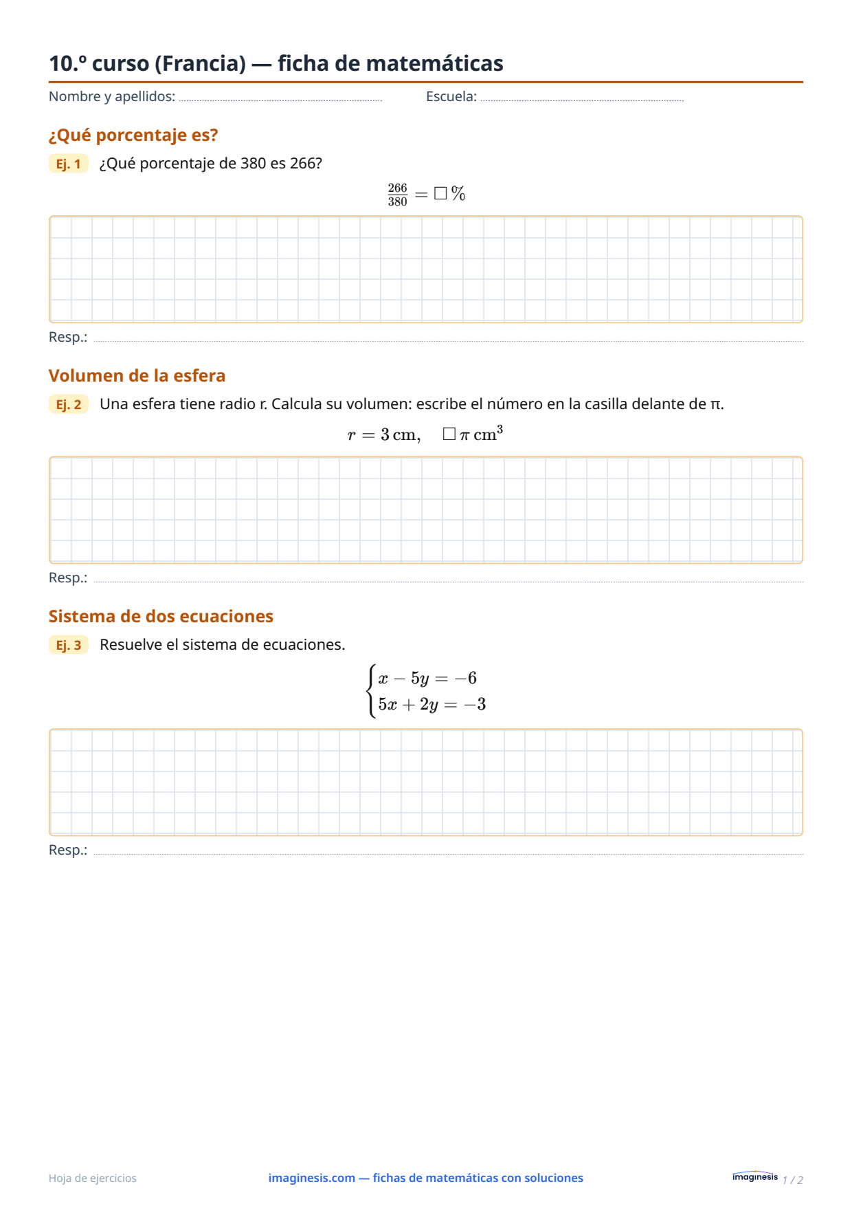 10.º curso (Francia) — ficha de matemáticas — Ficha del alumno: ficha de matemáticas para imprimir (10.º curso, Francia)