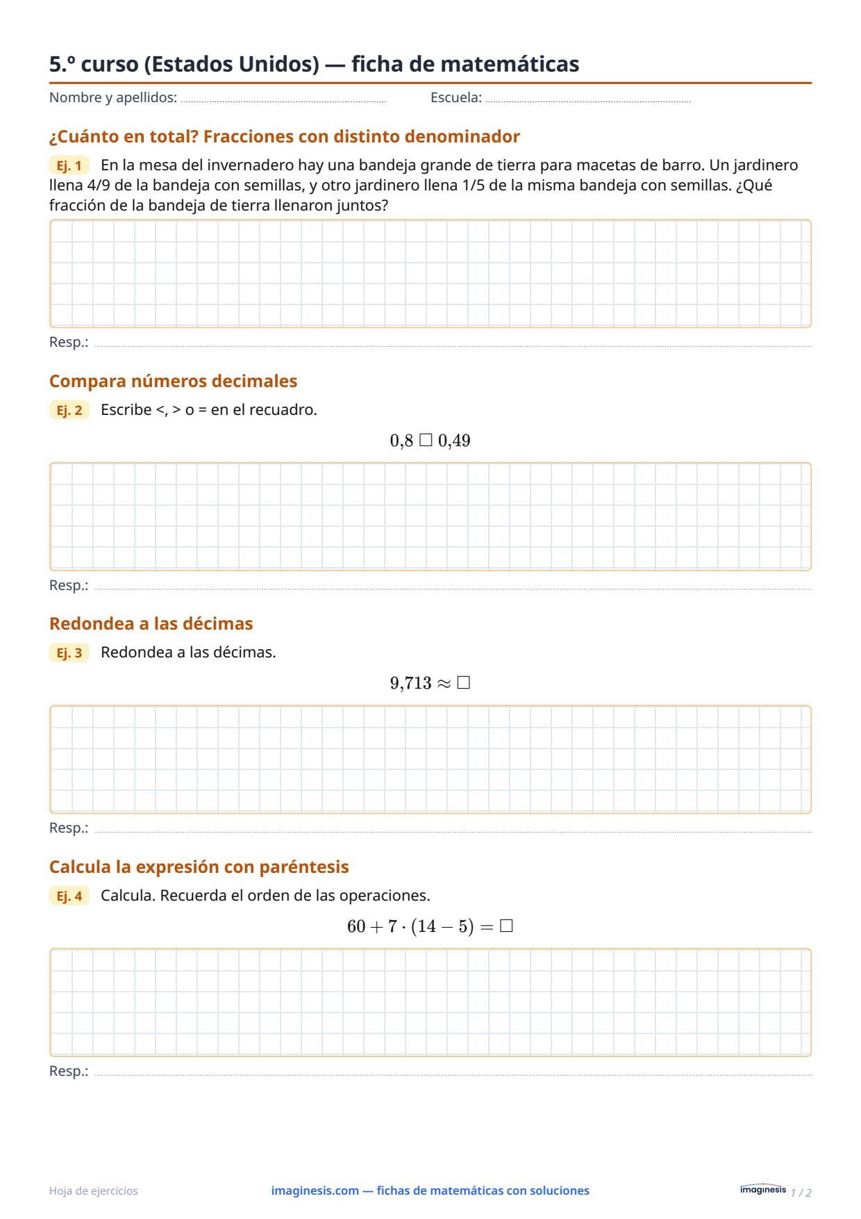 5.º curso (Estados Unidos) — ficha de matemáticas — Ficha del alumno: ficha de matemáticas para imprimir (5.º curso, Estados Unidos)
