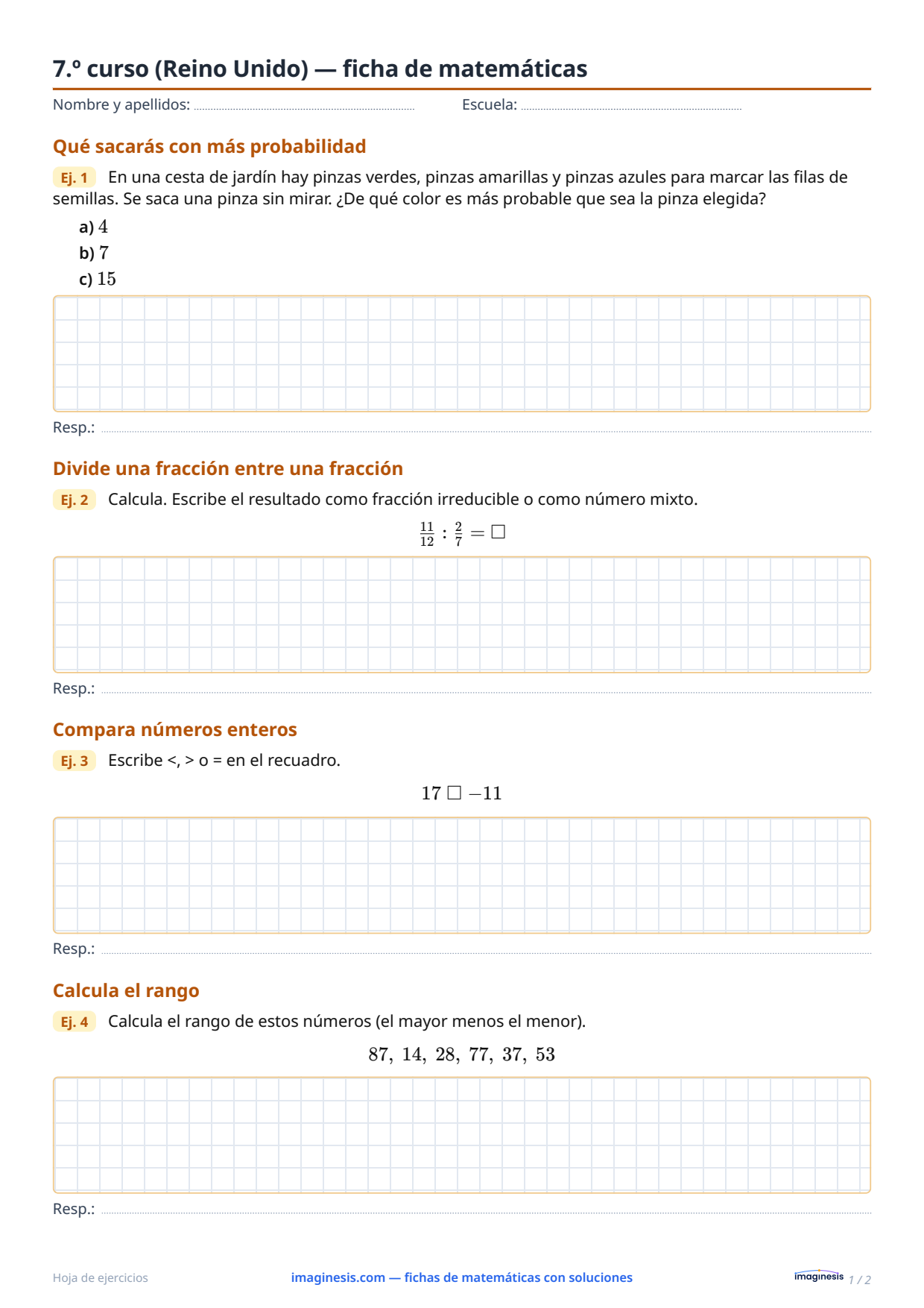 7.º curso (Reino Unido) — ficha de matemáticas — Ficha del alumno: ficha de matemáticas para imprimir (7.º curso, Reino Unido)