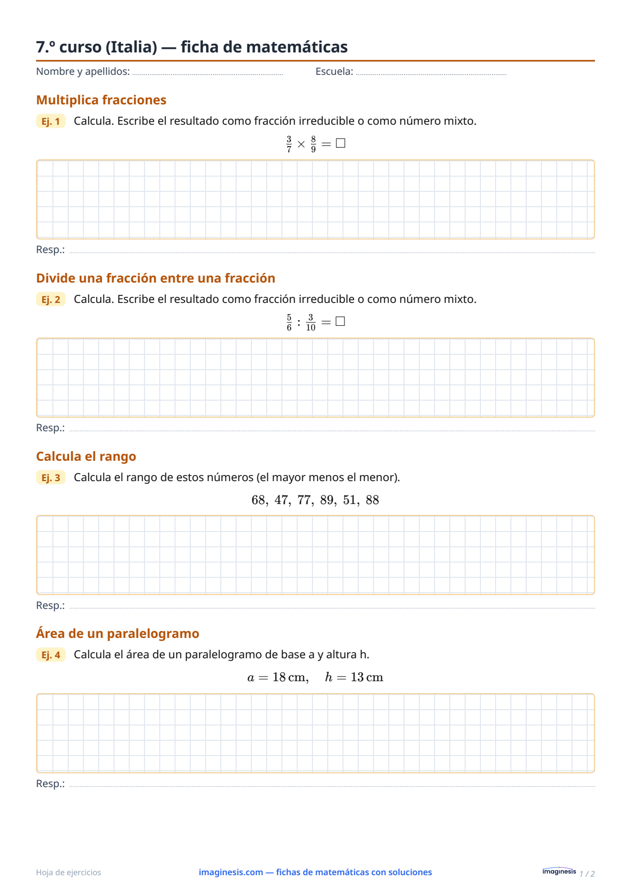 7.º curso (Italia) — ficha de matemáticas — Ficha del alumno: ficha de matemáticas para imprimir (7.º curso, Italia)