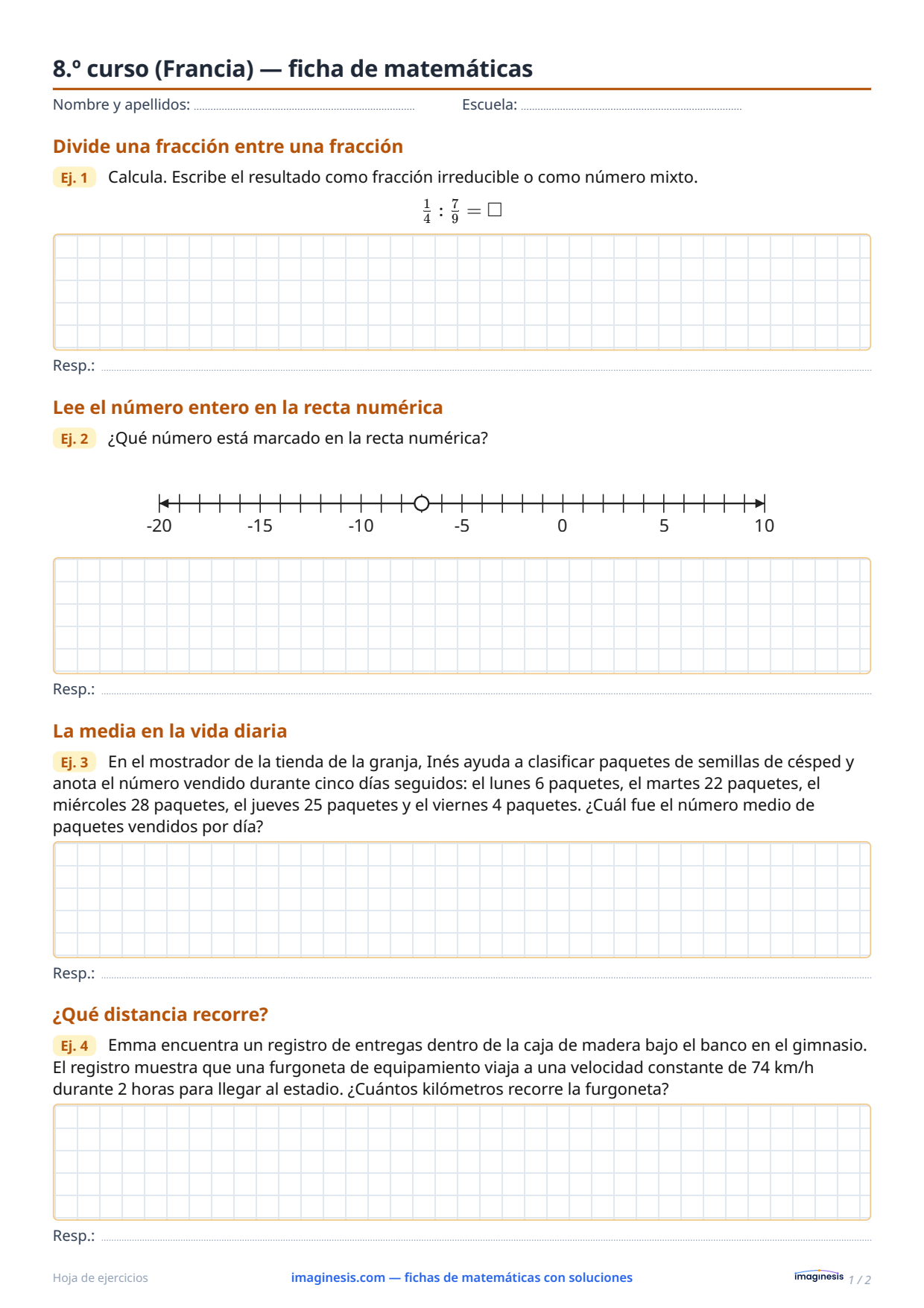 8.º curso (Francia) — ficha de matemáticas — Ficha del alumno: ficha de matemáticas para imprimir (8.º curso, Francia)