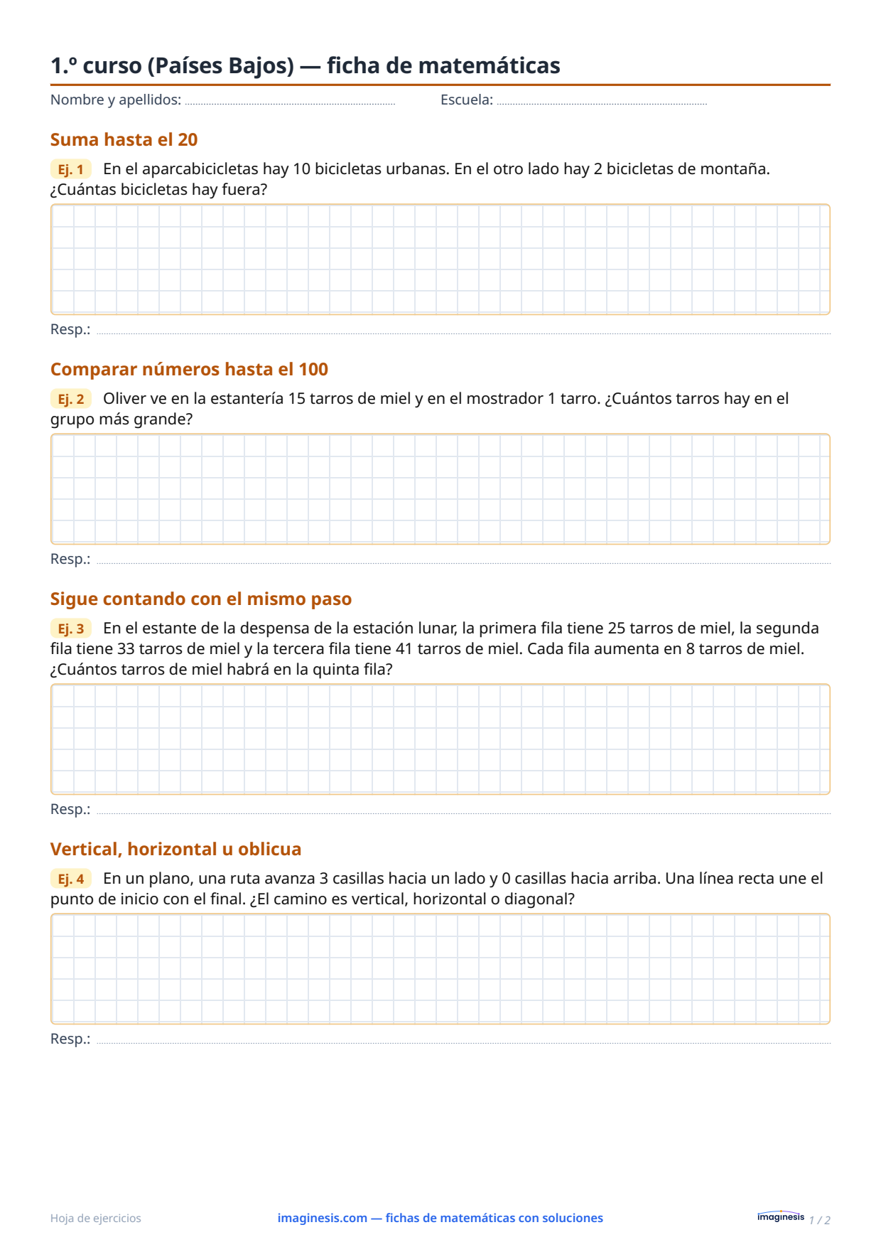 1.º curso (Países Bajos) — ficha de matemáticas — Ficha del alumno: ficha de matemáticas para imprimir (1.º curso, Países Bajos)