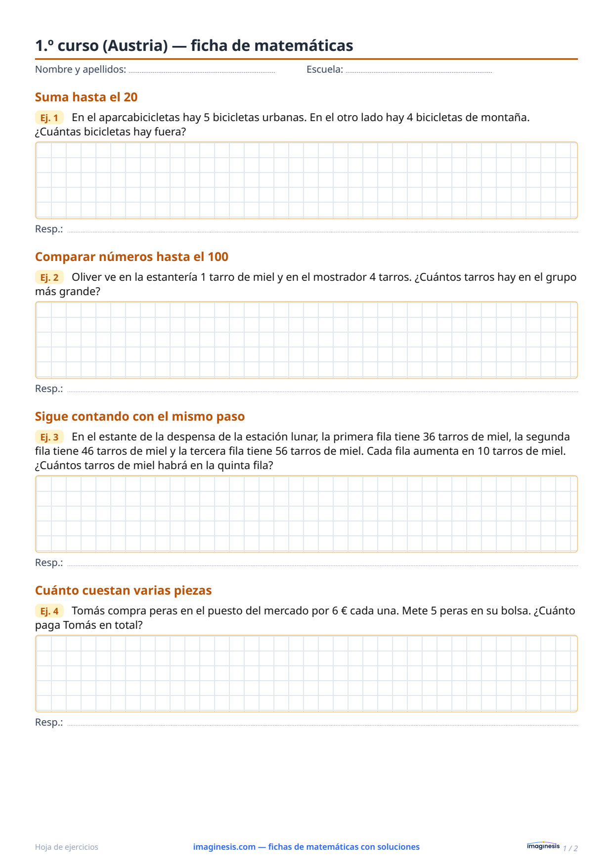 1.º curso (Austria) — ficha de matemáticas — Ficha del alumno: ficha de matemáticas para imprimir (1.º curso, Austria)
