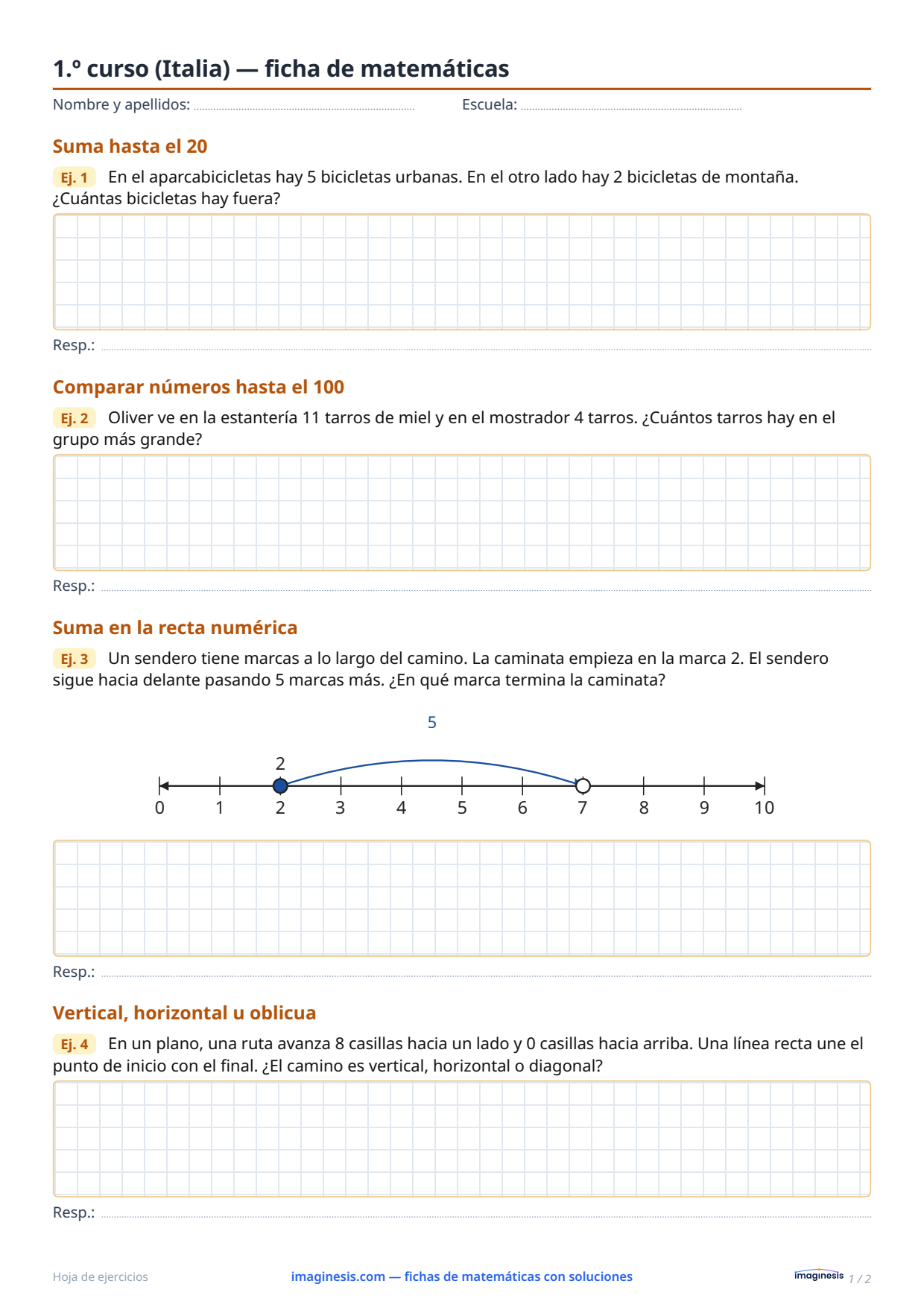 1.º curso (Italia) — ficha de matemáticas — Ficha del alumno: ficha de matemáticas para imprimir (1.º curso, Italia)