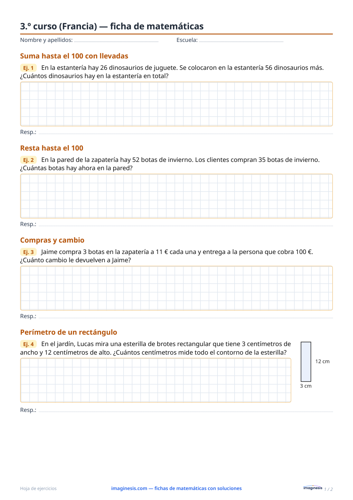 3.º curso (Francia) — ficha de matemáticas — Ficha del alumno: ficha de matemáticas para imprimir (3.º curso, Francia)