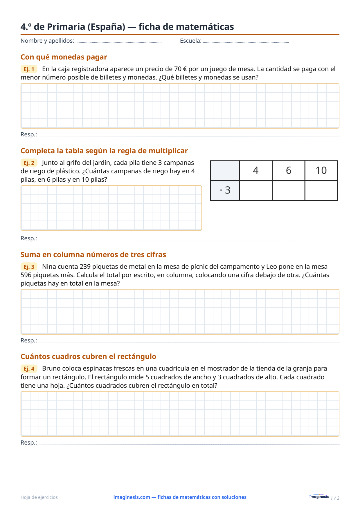 4.º de Primaria (España) — ficha de matemáticas — Ficha del alumno: ficha de matemáticas para imprimir (4.º de Primaria, España)