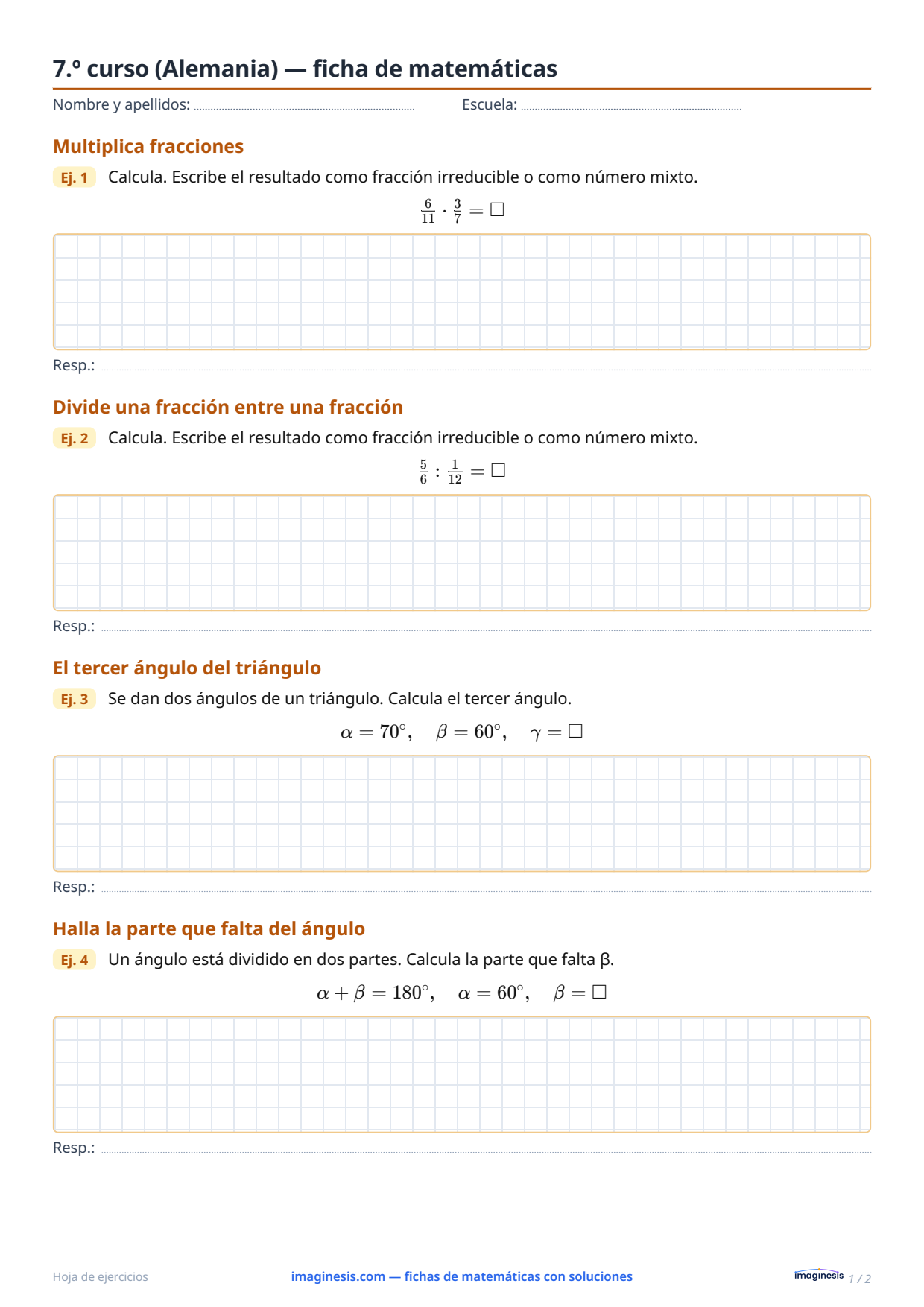 7.º curso (Alemania) — ficha de matemáticas — Ficha del alumno: ficha de matemáticas para imprimir (7.º curso, Alemania)
