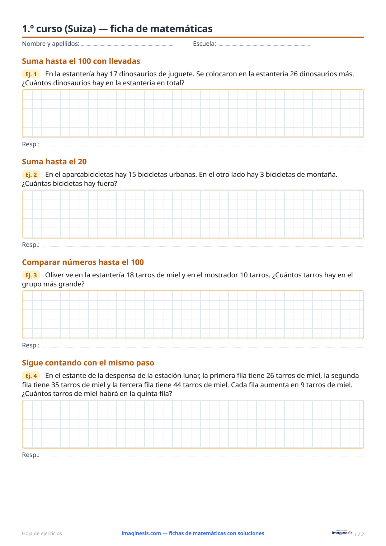 1.º curso (Suiza) — ficha de matemáticas — Ficha del alumno: ficha de matemáticas para imprimir (1.º curso, Suiza)