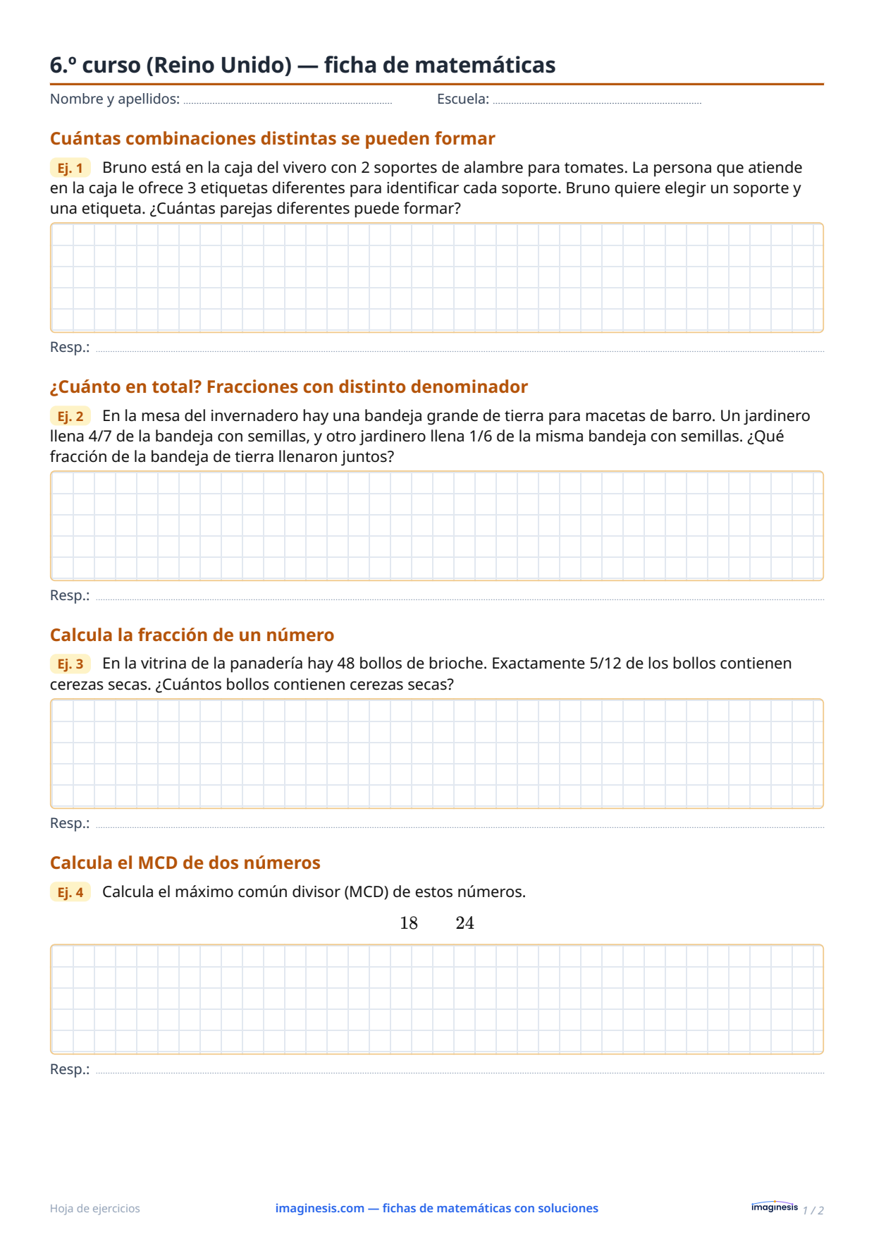 6.º curso (Reino Unido) — ficha de matemáticas — Ficha del alumno: ficha de matemáticas para imprimir (6.º curso, Reino Unido)
