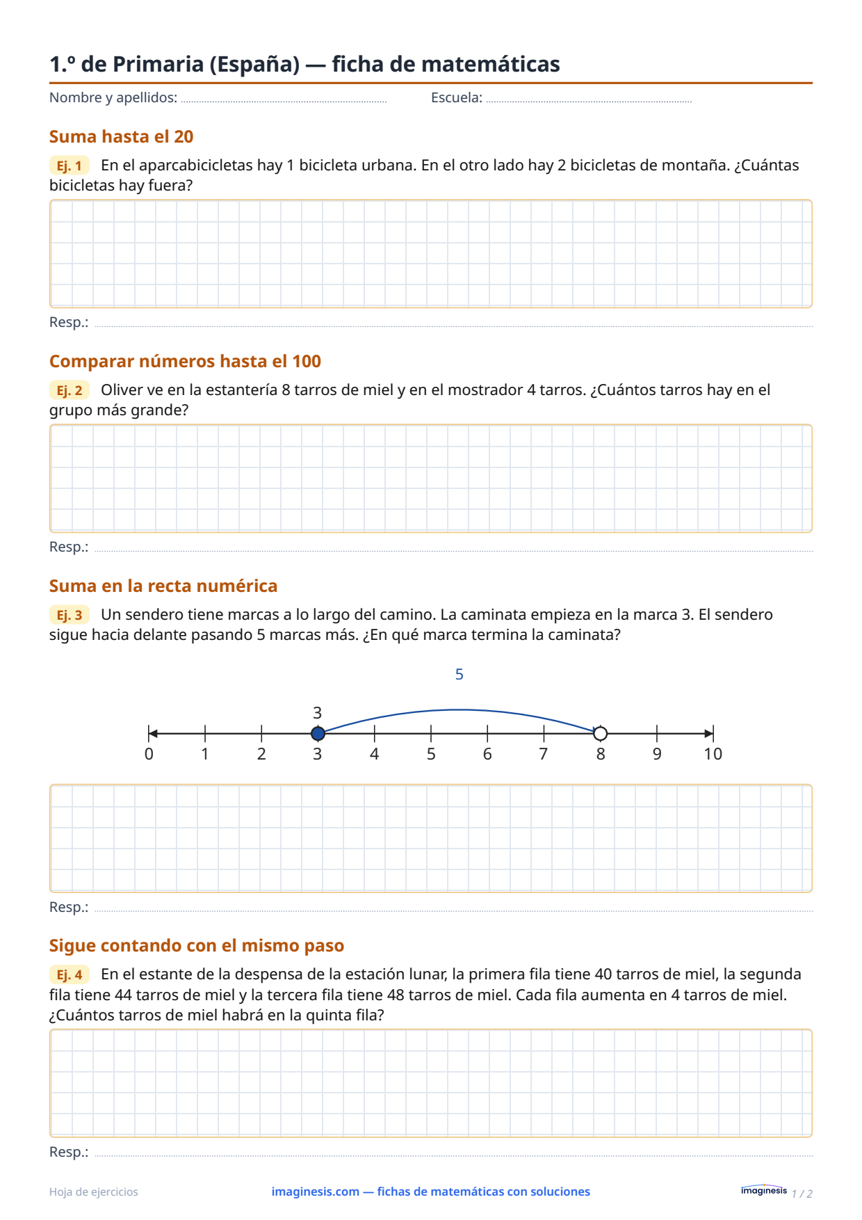 1.º de Primaria (España) — ficha de matemáticas — Ficha del alumno: ficha de matemáticas para imprimir (1.º de Primaria, España)