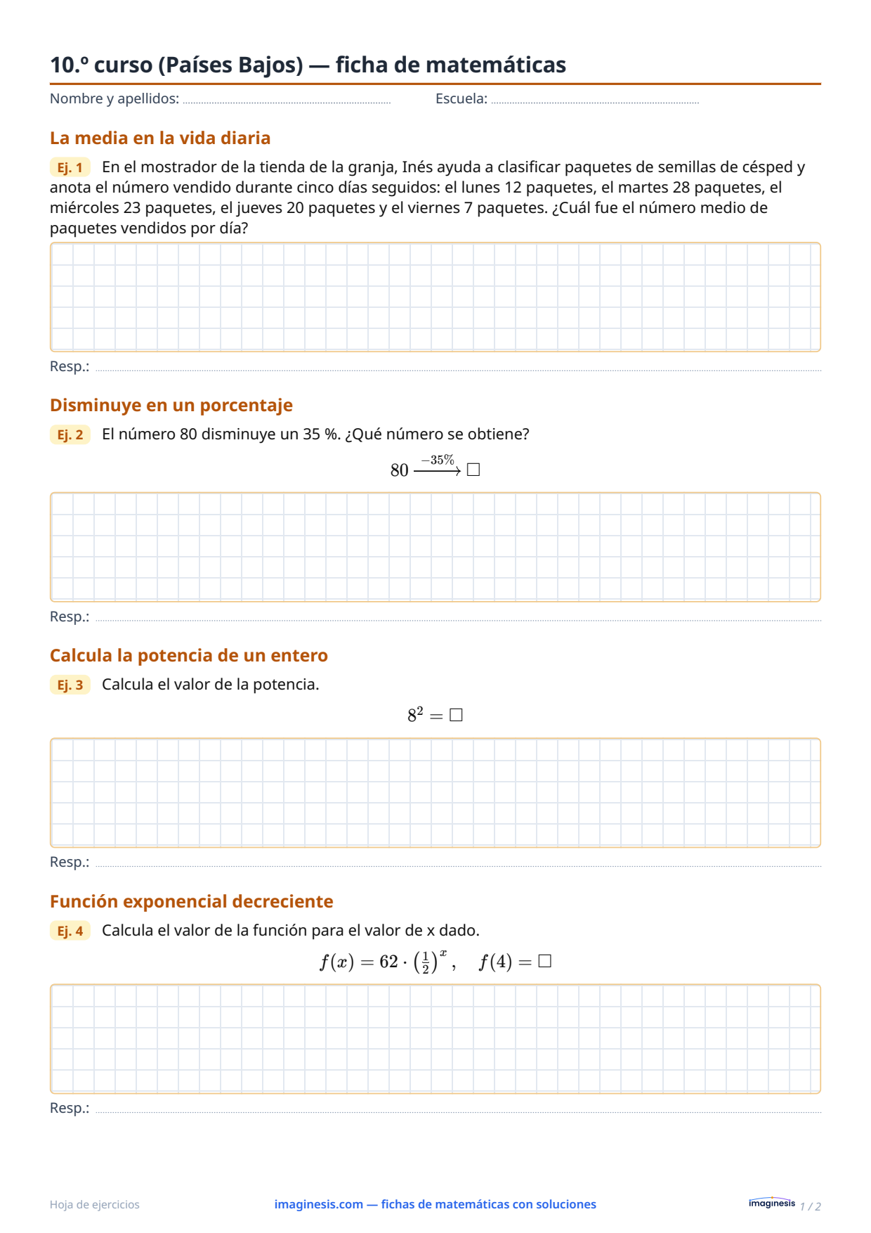 10.º curso (Países Bajos) — ficha de matemáticas — Ficha del alumno: ficha de matemáticas para imprimir (10.º curso, Países Bajos)