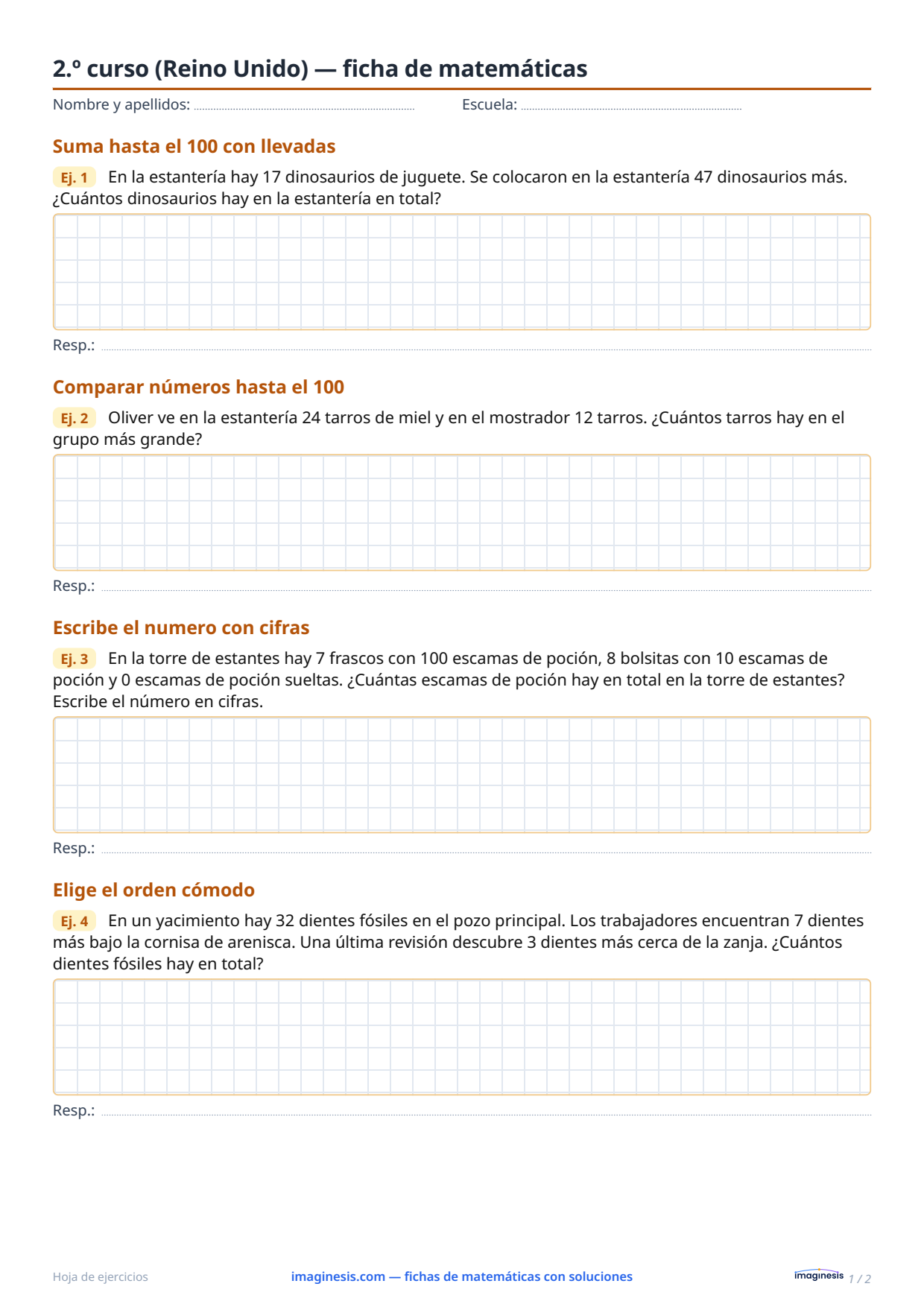2.º curso (Reino Unido) — ficha de matemáticas — Ficha del alumno: ficha de matemáticas para imprimir (2.º curso, Reino Unido)