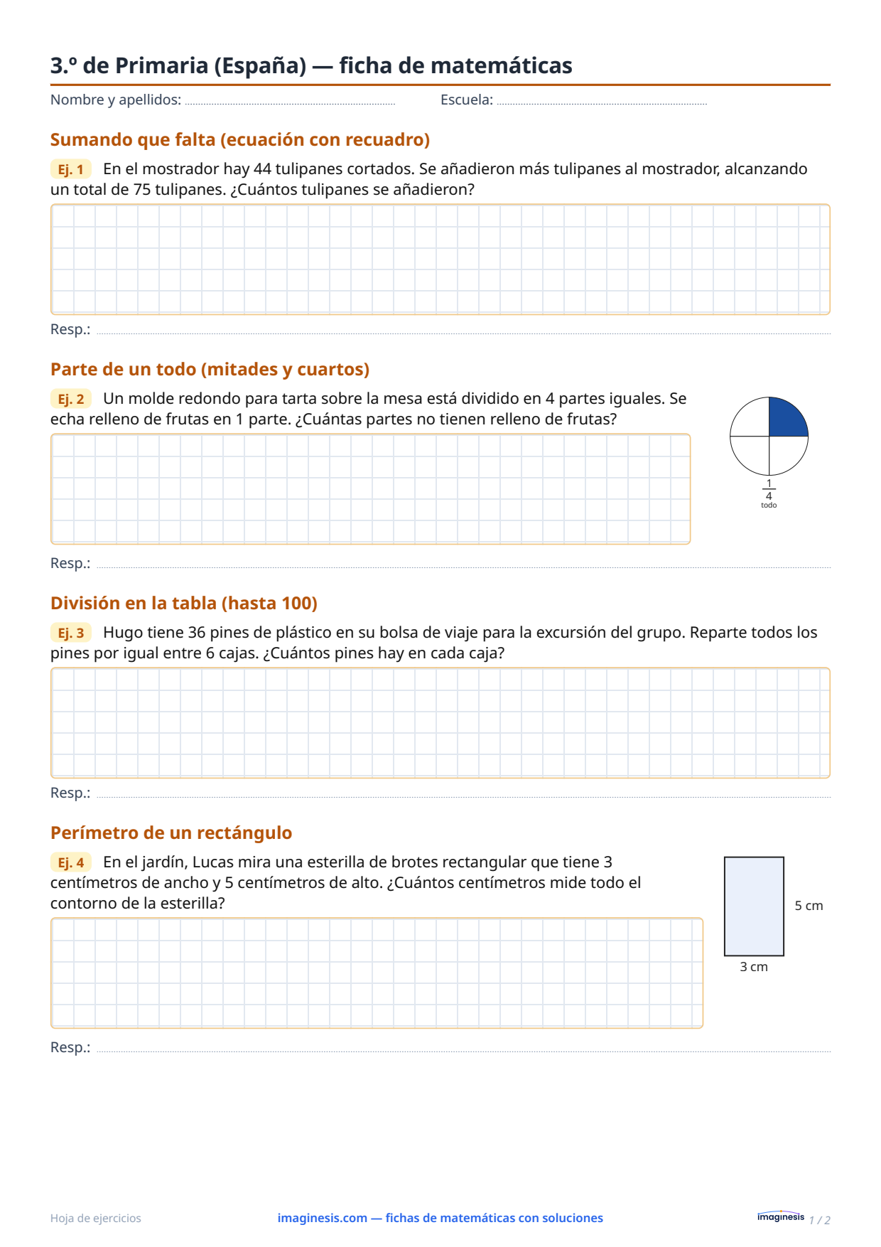 3.º de Primaria (España) — ficha de matemáticas — Ficha del alumno: ficha de matemáticas para imprimir (3.º de Primaria, España)