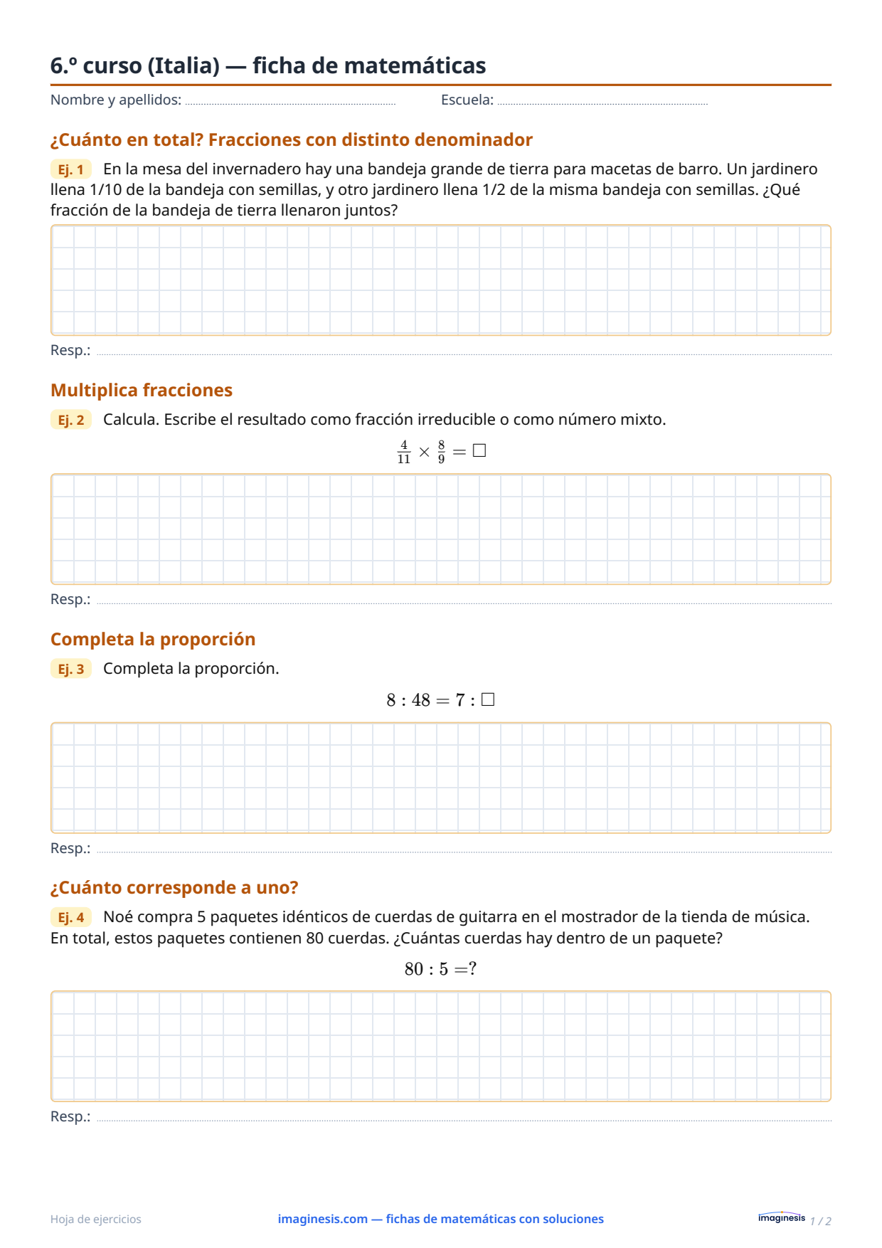 6.º curso (Italia) — ficha de matemáticas — Ficha del alumno: ficha de matemáticas para imprimir (6.º curso, Italia)