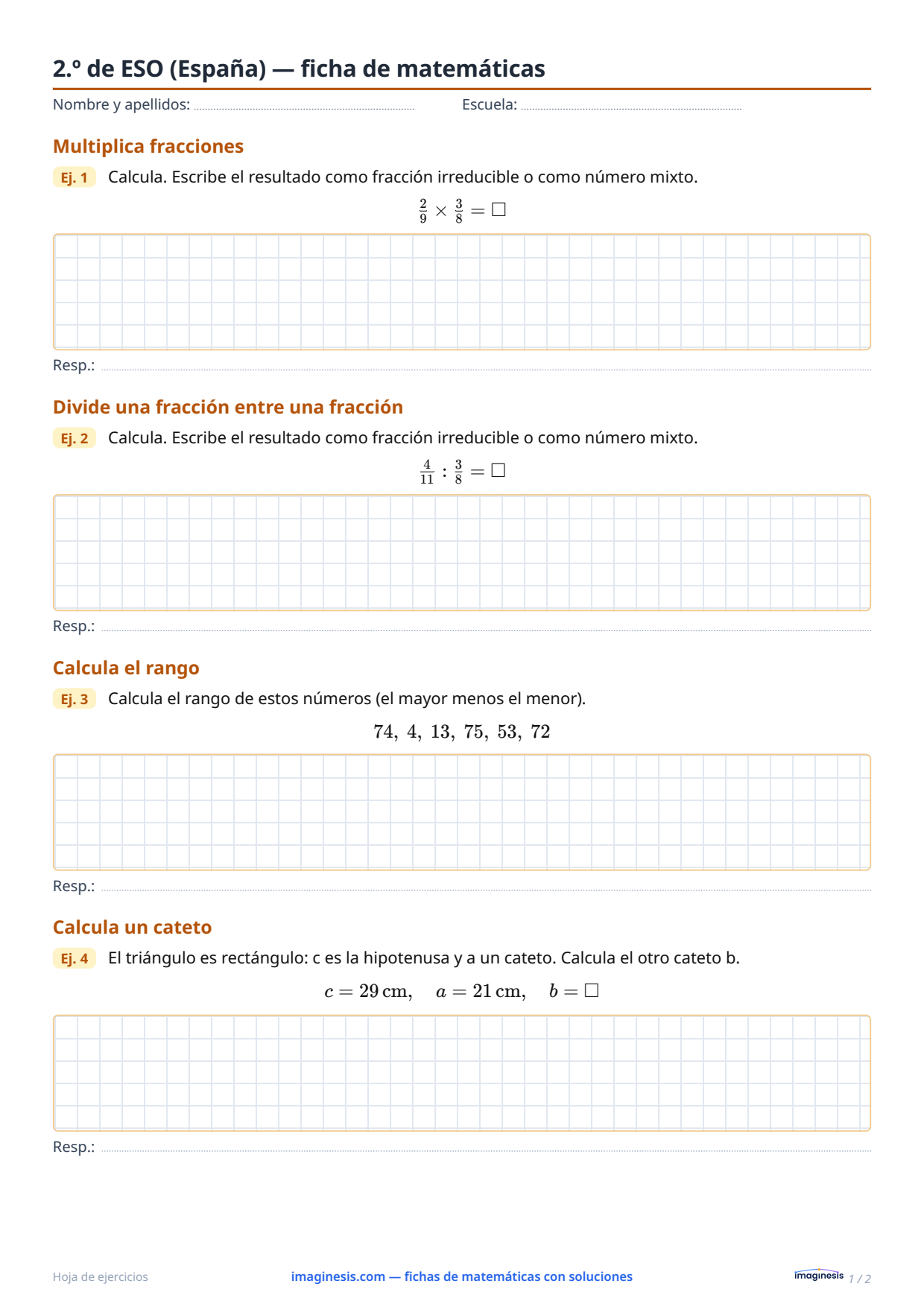 2.º de ESO (España) — ficha de matemáticas — Ficha del alumno: ficha de matemáticas para imprimir (2.º de ESO, España)