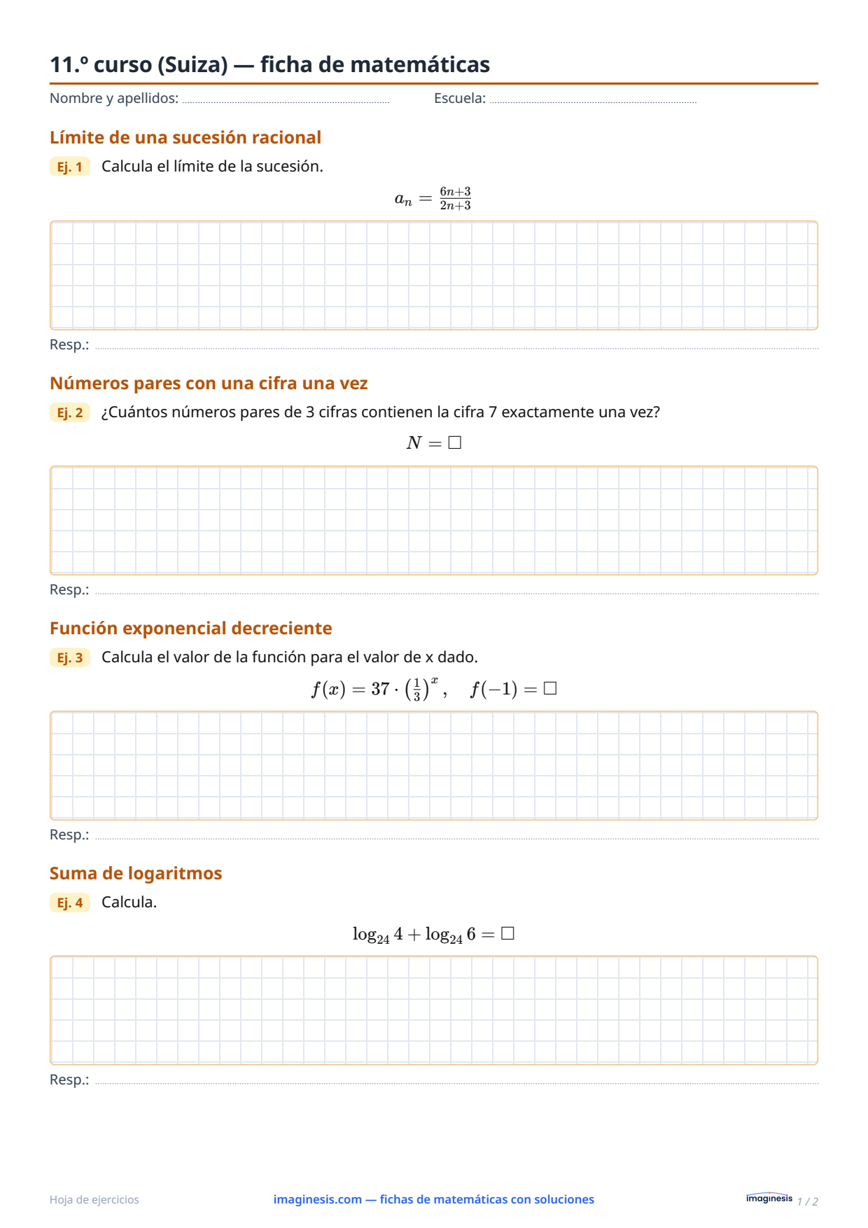 11.º curso (Suiza) — ficha de matemáticas — Ficha del alumno: ficha de matemáticas para imprimir (11.º curso, Suiza)