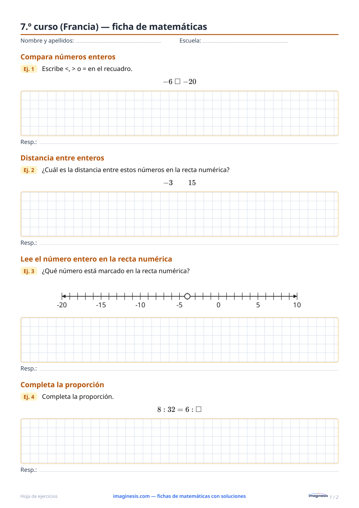 7.º curso (Francia) — ficha de matemáticas — Ficha del alumno: ficha de matemáticas para imprimir (7.º curso, Francia)