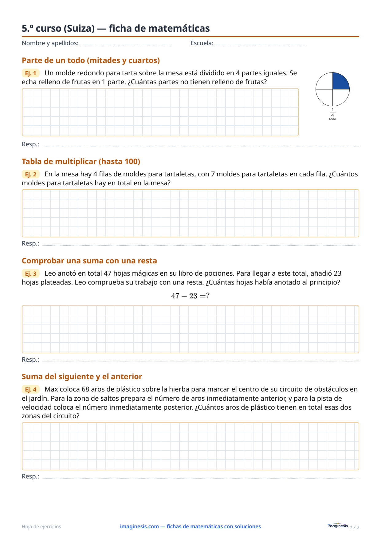 5.º curso (Suiza) — ficha de matemáticas — Ficha del alumno: ficha de matemáticas para imprimir (5.º curso, Suiza)