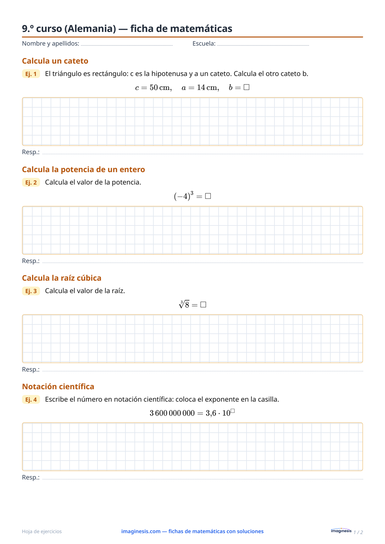9.º curso (Alemania) — ficha de matemáticas — Ficha del alumno: ficha de matemáticas para imprimir (9.º curso, Alemania)