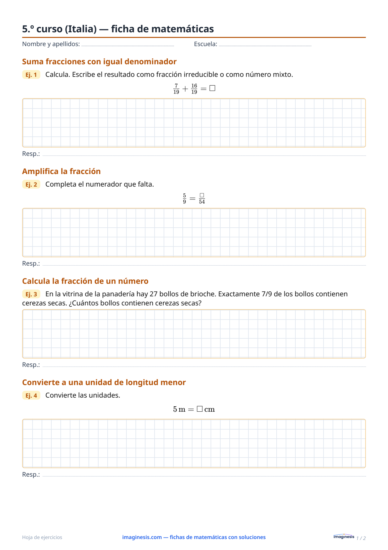 5.º curso (Italia) — ficha de matemáticas — Ficha del alumno: ficha de matemáticas para imprimir (5.º curso, Italia)