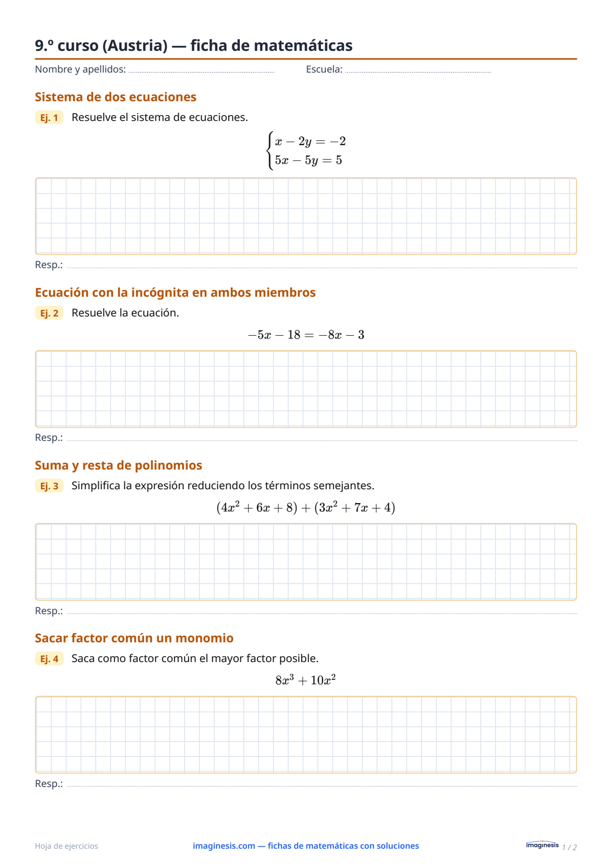 9.º curso (Austria) — ficha de matemáticas — Ficha del alumno: ficha de matemáticas para imprimir (9.º curso, Austria)