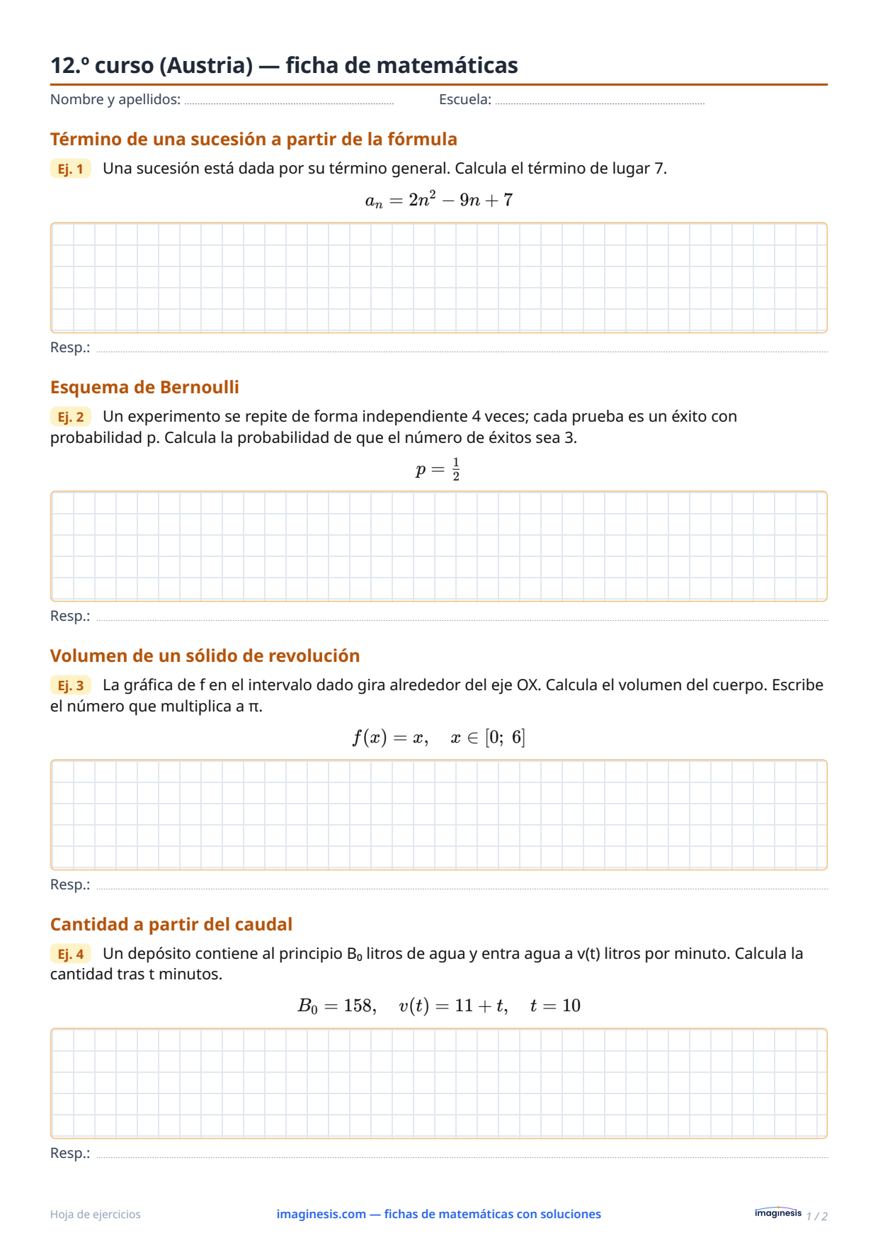 12.º curso (Austria) — ficha de matemáticas — Ficha del alumno: ficha de matemáticas para imprimir (12.º curso, Austria)
