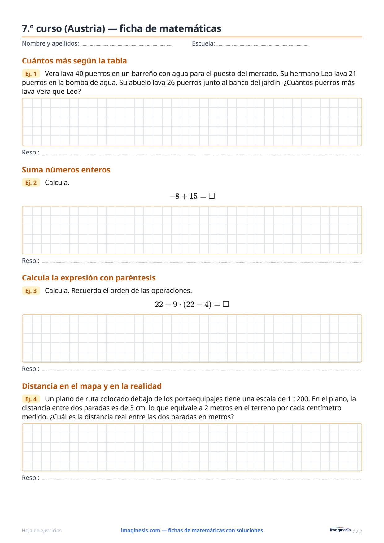 7.º curso (Austria) — ficha de matemáticas — Ficha del alumno: ficha de matemáticas para imprimir (7.º curso, Austria)