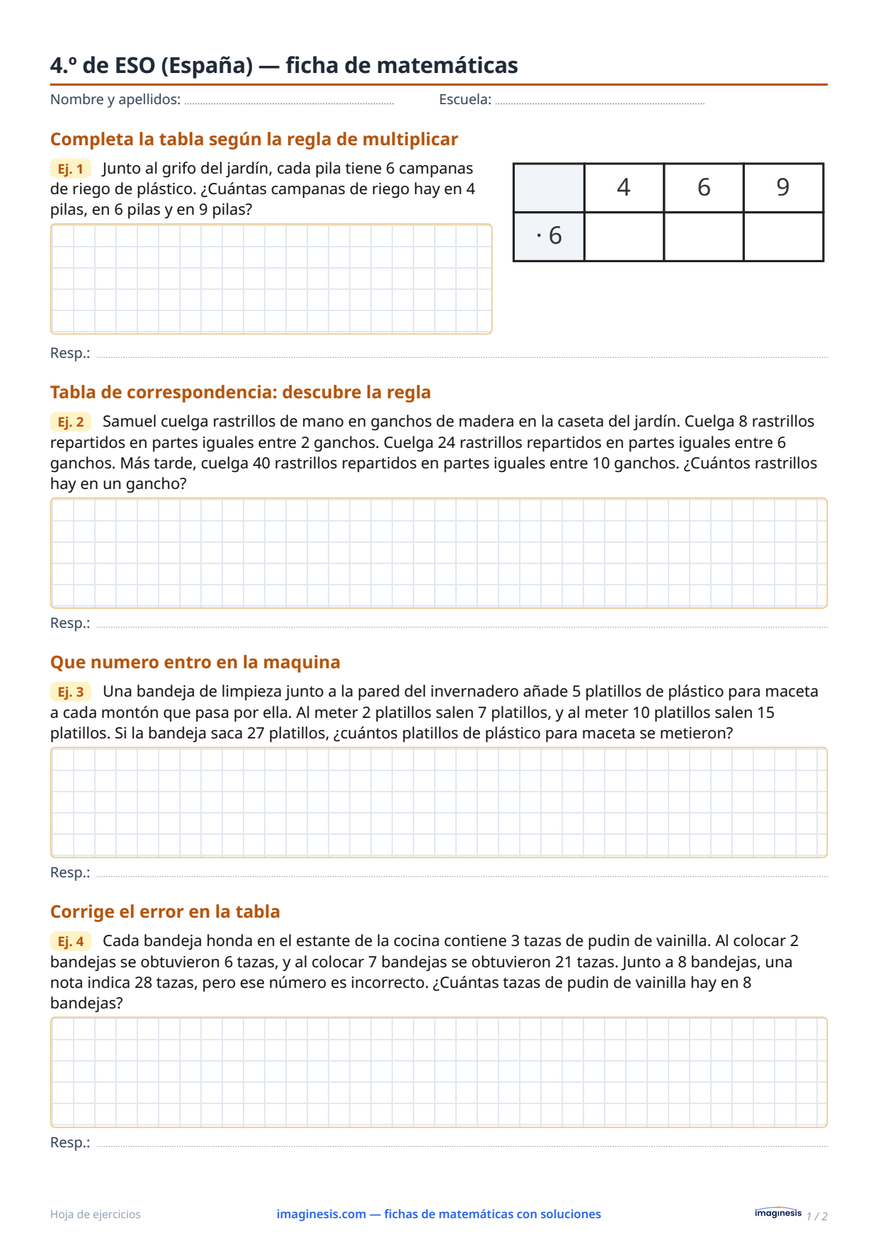 4.º de ESO (España) — ficha de matemáticas — Ficha del alumno: ficha de matemáticas para imprimir (4.º de ESO, España)