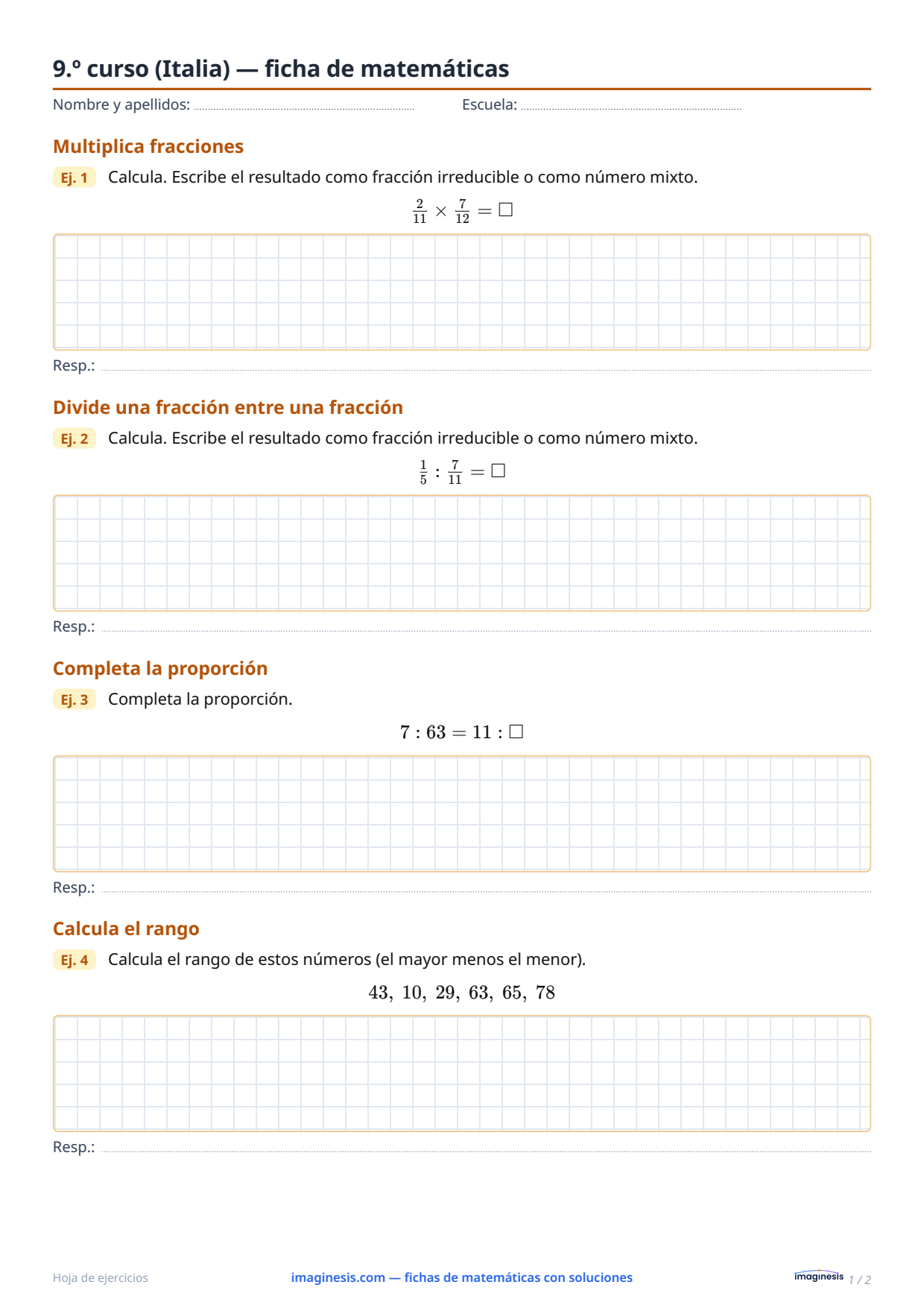 9.º curso (Italia) — ficha de matemáticas — Ficha del alumno: ficha de matemáticas para imprimir (9.º curso, Italia)
