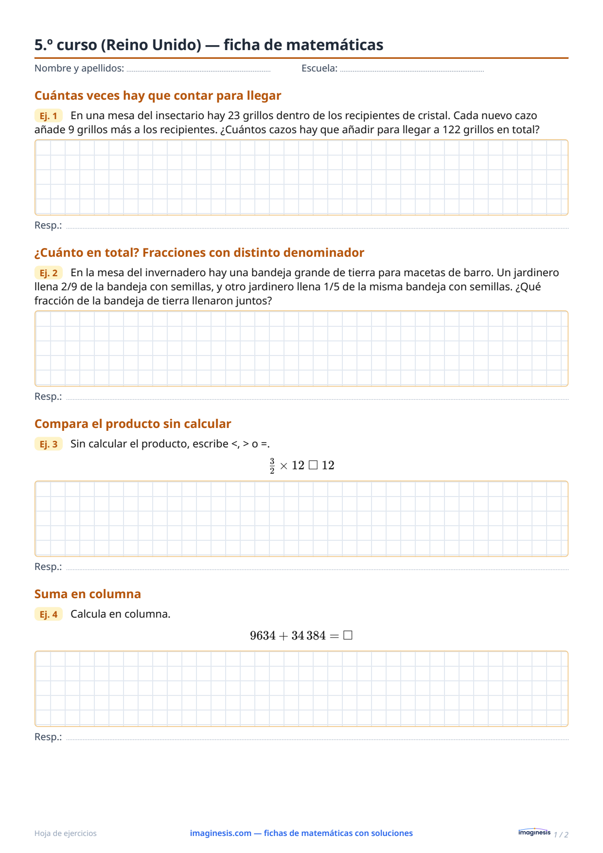 5.º curso (Reino Unido) — ficha de matemáticas — Ficha del alumno: ficha de matemáticas para imprimir (5.º curso, Reino Unido)