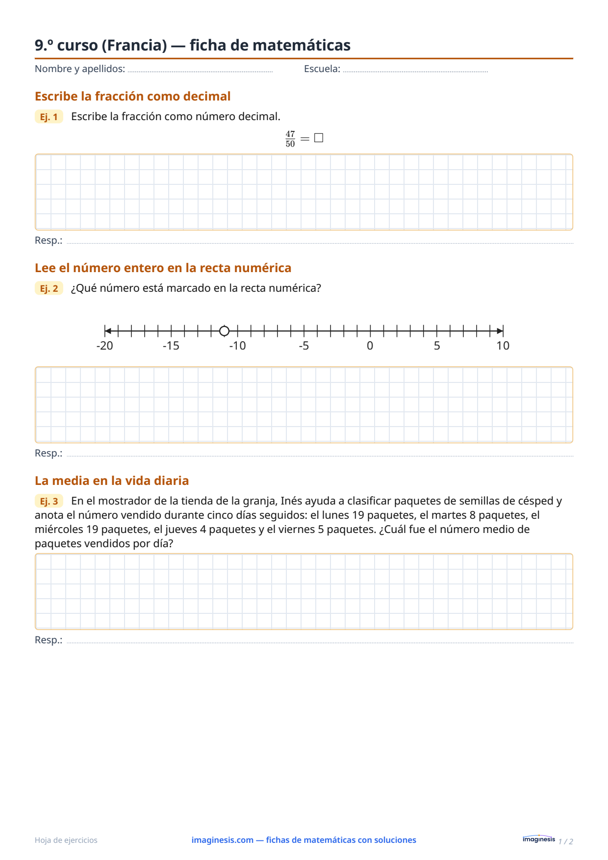 9.º curso (Francia) — ficha de matemáticas — Ficha del alumno: ficha de matemáticas para imprimir (9.º curso, Francia)