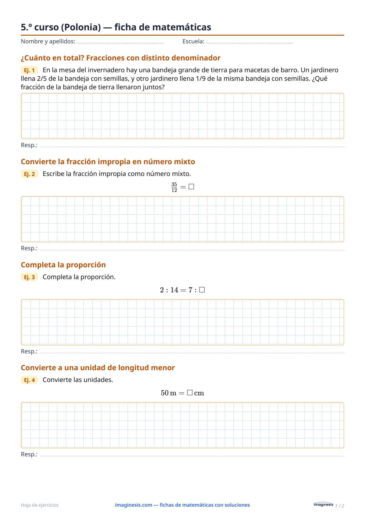 5.º curso (Polonia) — ficha de matemáticas — Ficha del alumno: ficha de matemáticas para imprimir (5.º curso, Polonia)