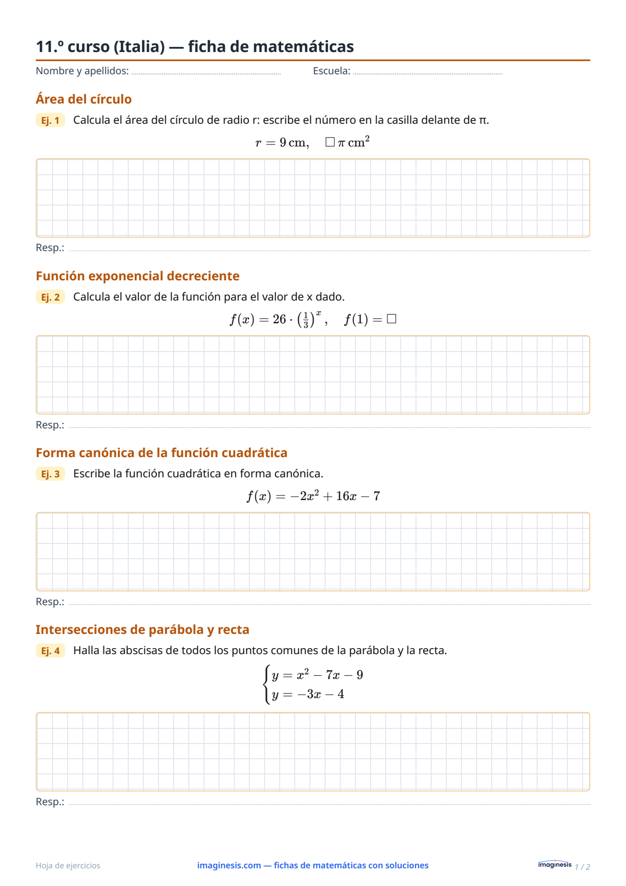 11.º curso (Italia) — ficha de matemáticas — Ficha del alumno: ficha de matemáticas para imprimir (11.º curso, Italia)
