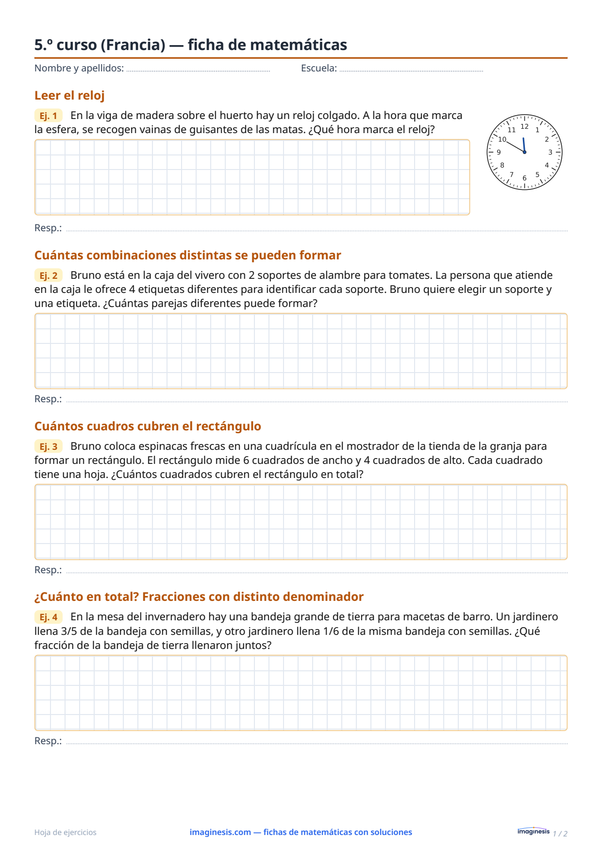 5.º curso (Francia) — ficha de matemáticas — Ficha del alumno: ficha de matemáticas para imprimir (5.º curso, Francia)