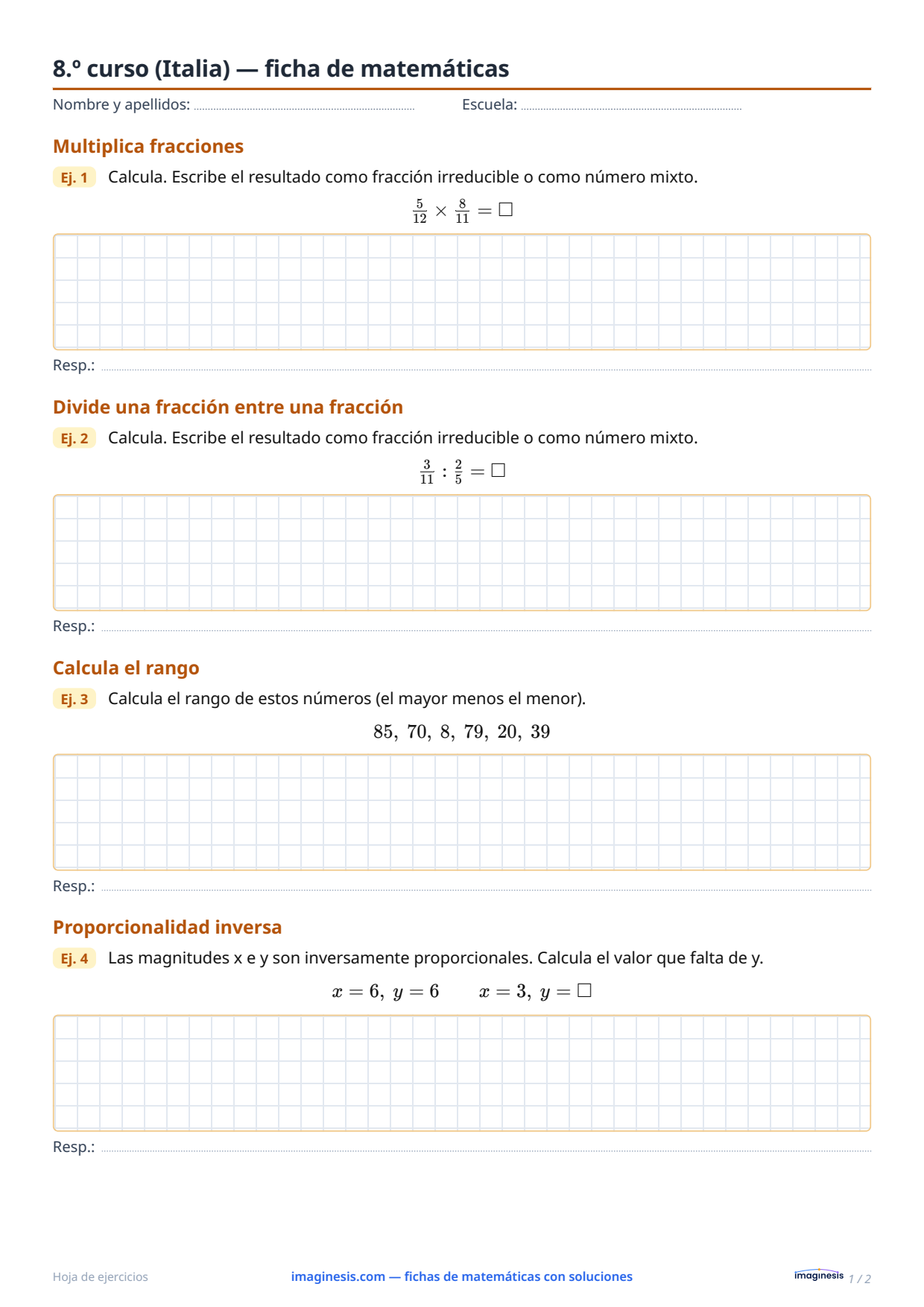 8.º curso (Italia) — ficha de matemáticas — Ficha del alumno: ficha de matemáticas para imprimir (8.º curso, Italia)