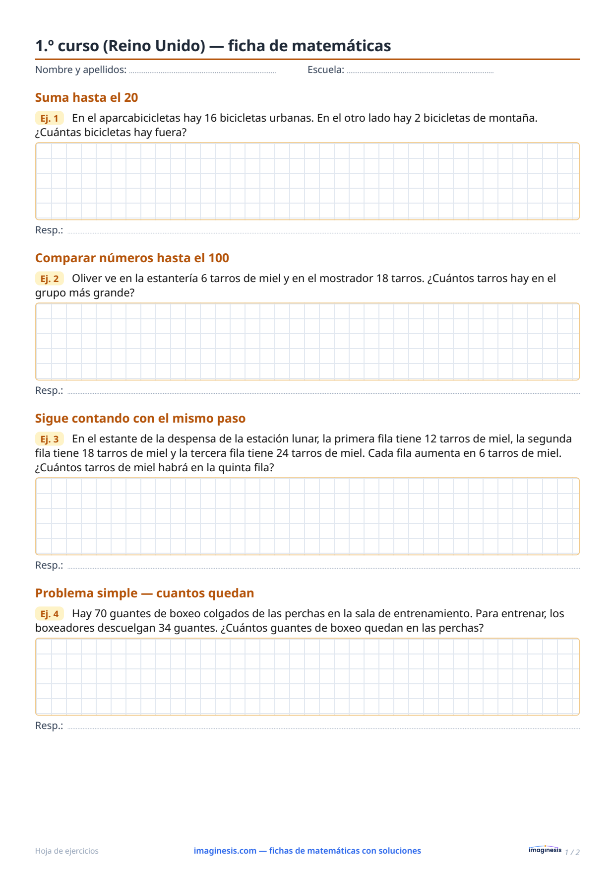 1.º curso (Reino Unido) — ficha de matemáticas — Ficha del alumno: ficha de matemáticas para imprimir (1.º curso, Reino Unido)