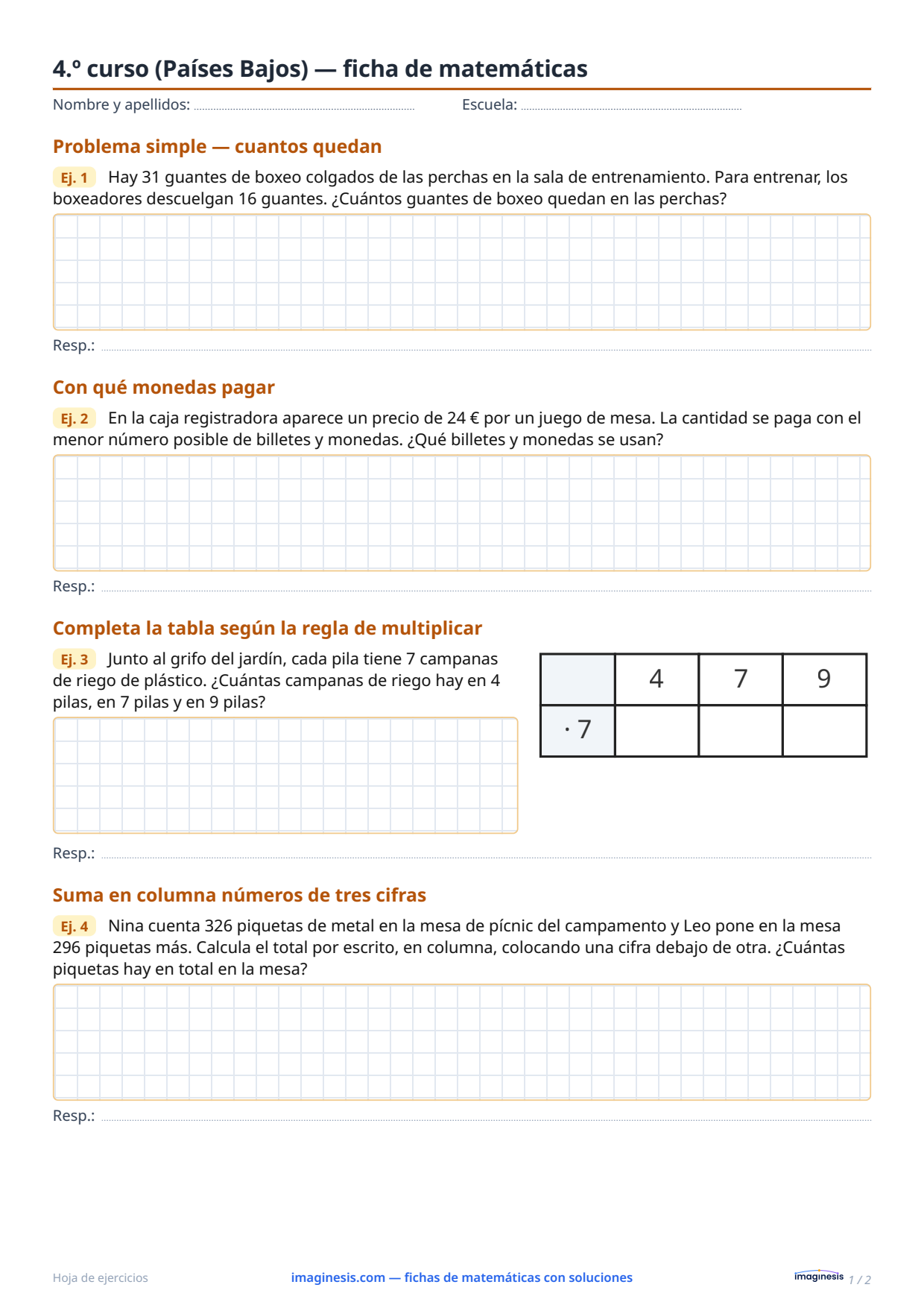 4.º curso (Países Bajos) — ficha de matemáticas — Ficha del alumno: ficha de matemáticas para imprimir (4.º curso, Países Bajos)