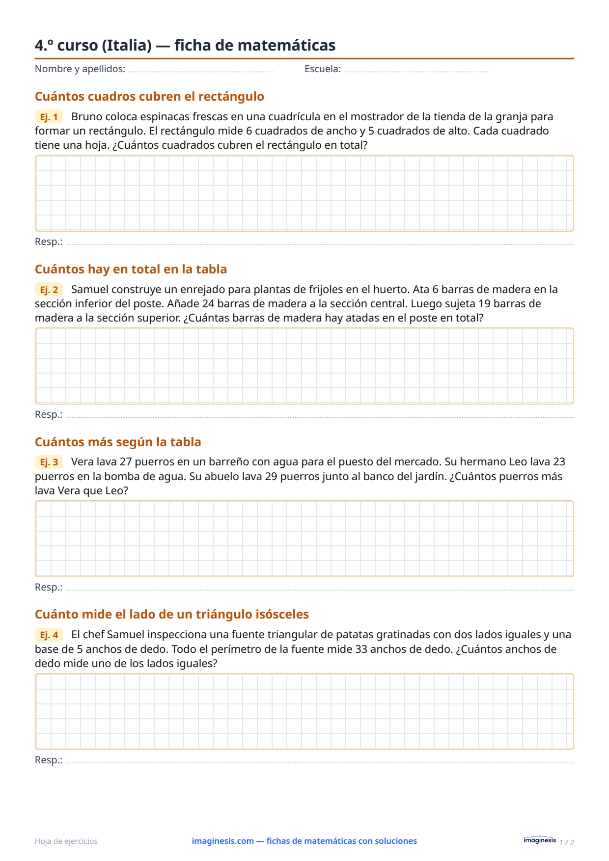 4.º curso (Italia) — ficha de matemáticas — Ficha del alumno: ficha de matemáticas para imprimir (4.º curso, Italia)